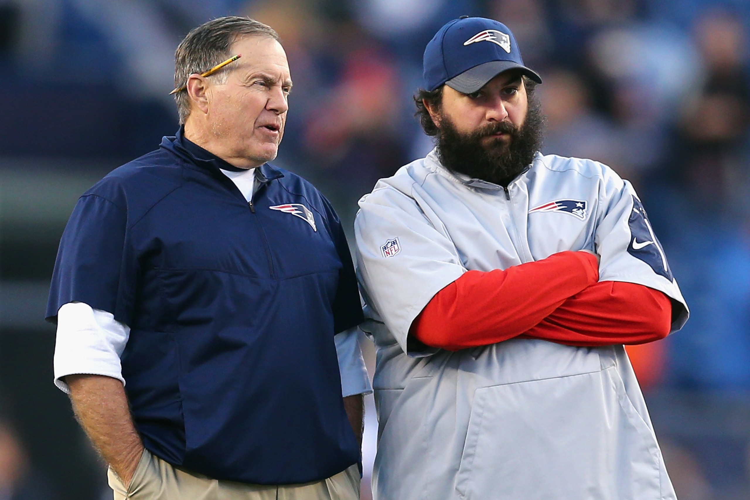 FOXBORO, MA - DECEMBER 06: Patriots head coach Bill Belichick of the New England Patriots talks with defensive coordinator Matt Patricia before their game against the Philadelphia Eagles at Gillette Stadium on December 6, 2015 in Foxboro, Massachusetts.  
