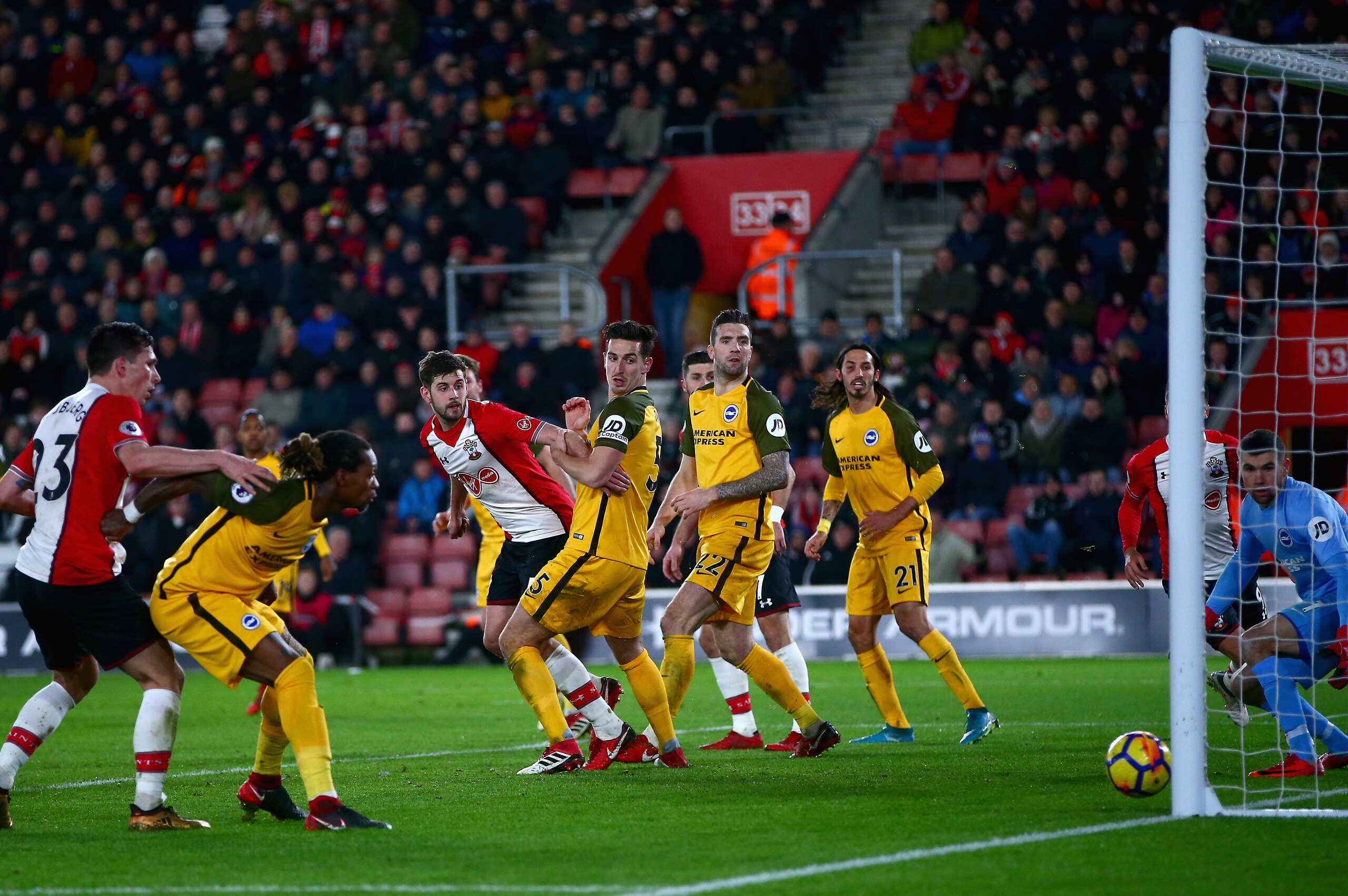 SOUTHAMPTON, ENGLAND - JANUARY 31: Jack Stephens of Southampton scores his sides first goal during the Premier League match between Southampton and Brighton and Hove Albion at St Mary's Stadium on January 31, 2018 in Southampton, England.  (Photo by Jorda