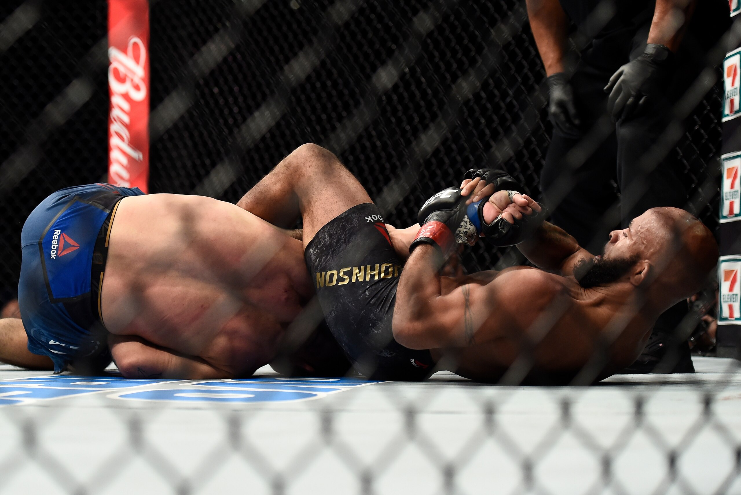LAS VEGAS, NV - OCTOBER 07:  (R-L) Demetrious Johnson secures an arm bar submission against Ray Borg in their UFC flyweight championship bout during the UFC 216 event inside T-Mobile Arena on October 7, 2017 in Las Vegas, Nevada. (Photo by Brandon Magnus/