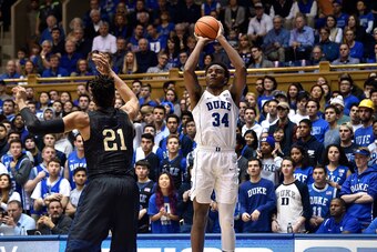 DURHAM, NC - JANUARY 20:  Wendell Carter Jr #34 of the Duke Blue Devils during their game against the Pittsburgh Panthers at Cameron Indoor Stadium on January 20, 2018 in Durham, North Carolina. Duke won 81-54.  (Photo by Grant Halverson/Getty Images)