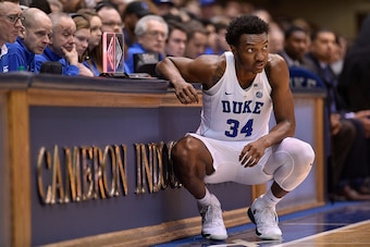DURHAM, NC - JANUARY 20:  Wendell Carter Jr #34 of the Duke Blue Devils during their game against the Pittsburgh Panthers at Cameron Indoor Stadium on January 20, 2018 in Durham, North Carolina. Duke won 81-54.  (Photo by Grant Halverson/Getty Images)