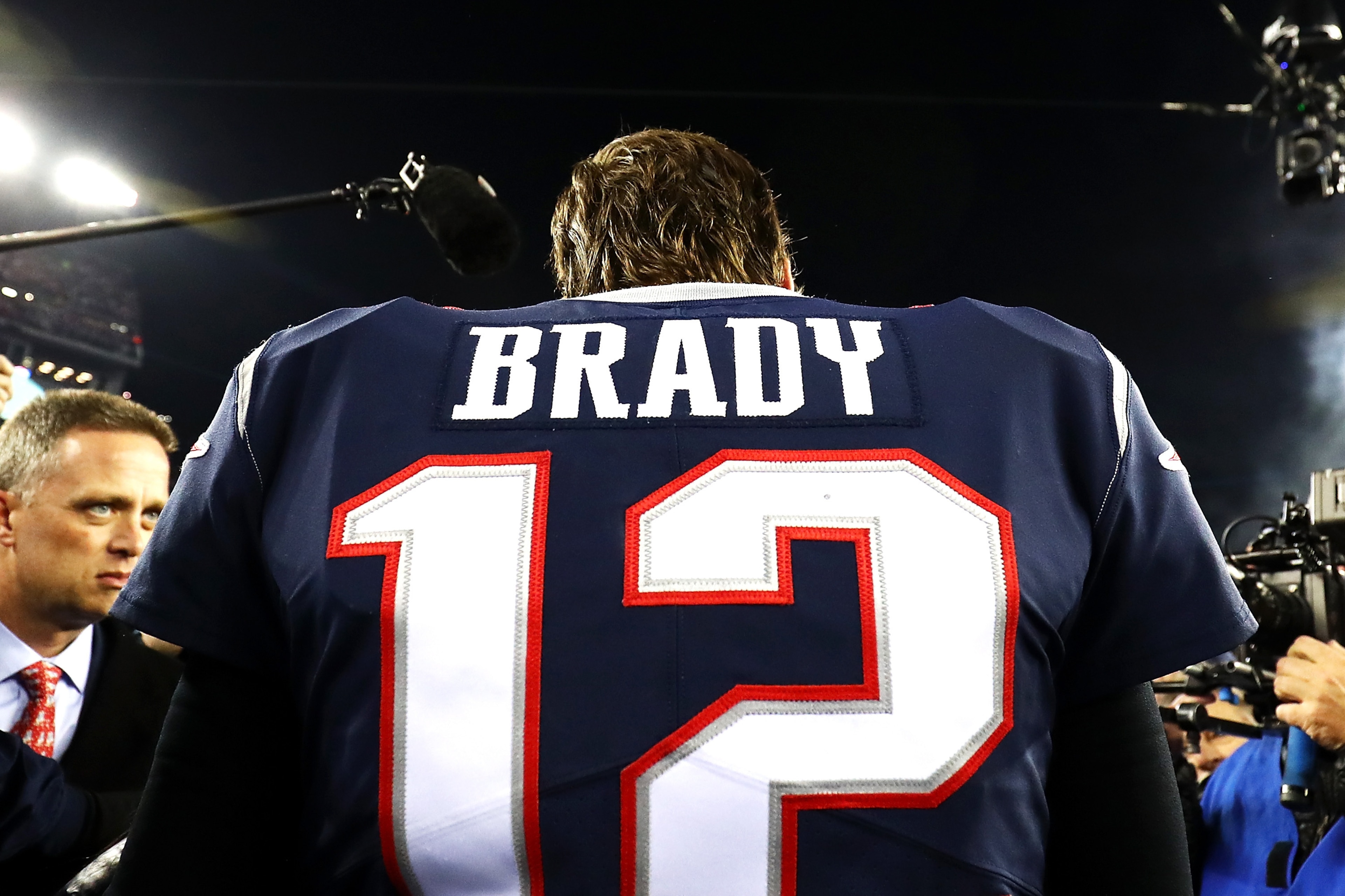 FOXBOROUGH, MA - JANUARY 21:  Tom Brady #12 of the New England Patriots celebrates after winning the AFC Championship Game against the Jacksonville Jaguars at Gillette Stadium on January 21, 2018 in Foxborough, Massachusetts.  (Photo by Adam Glanzman/Gett