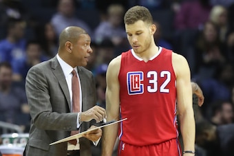 CHARLOTTE, NC - FEBRUARY 11:  Head coach Doc Rivers talks to Blake Griffin #32 of the Los Angeles Clippers during their game against the Charlotte Hornets at Spectrum Center on February 11, 2017 in Charlotte, North Carolina. NOTE TO USER: User expressly a