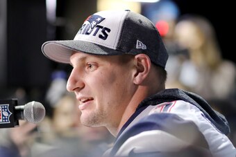 BLOOMINGTON, MN - FEBRUARY 01:  Rob Gronkowski #87 of the New England Patriots speaks to the press during the New England Patriots Media Availability for Super Bowl LII at the Mall of America on February 1, 2018 in Bloomington, Minnesota.The New England P