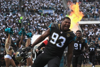 JACKSONVILLE, FL - JANUARY 07: Defensive end Calais Campbell #93 of the Jacksonville Jaguars takes the field before the start of the AFC Wild Card Playoff game against the Buffalo Bills at EverBank Field on January 7, 2018 in Jacksonville, Florida.  (Phot