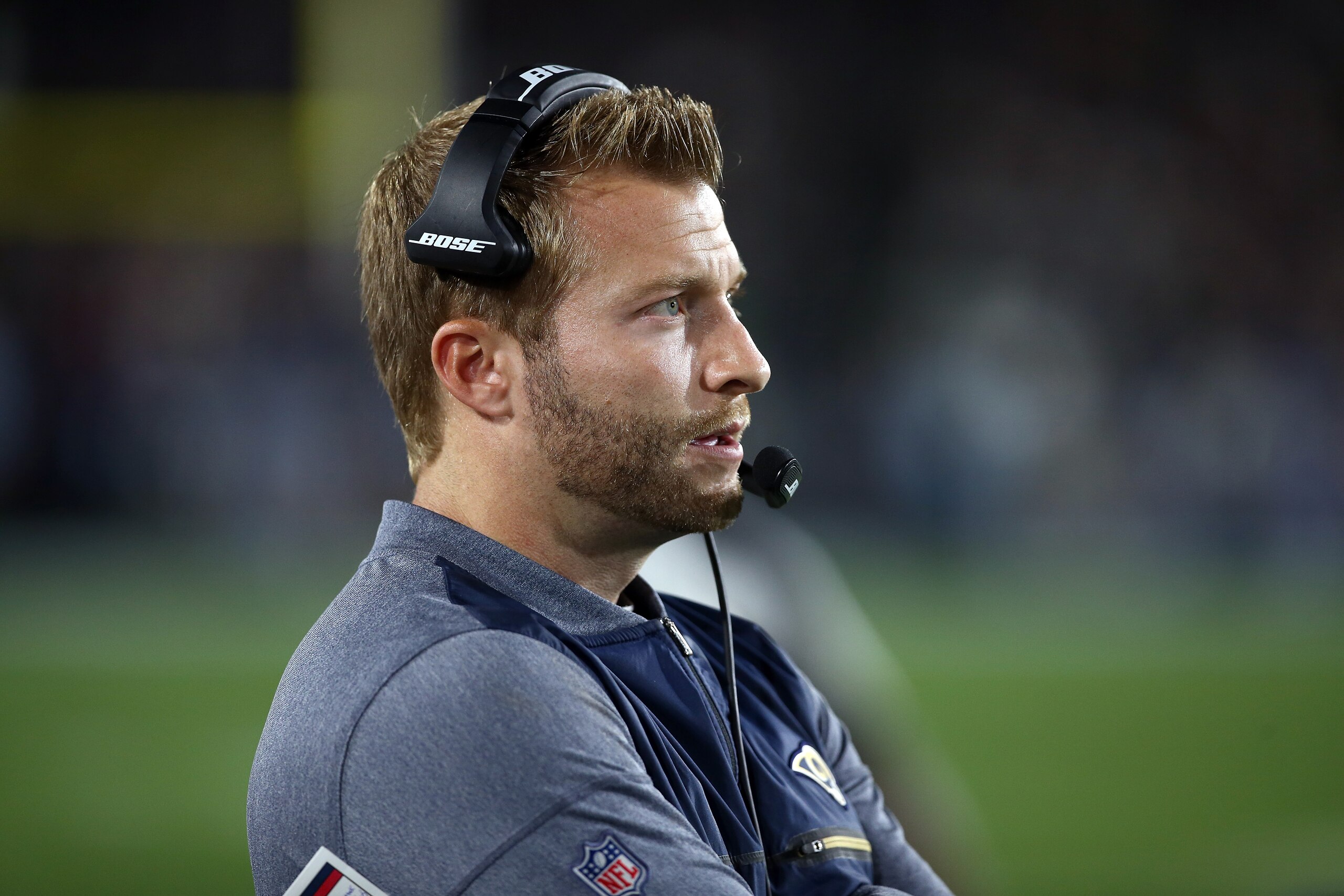 LOS ANGELES, CA - JANUARY 06:  Head Coach Sean McVay of the Los Angeles Rams looks on from the sidelines during the NFC Wild Card Playoff Game at the Los Angeles Coliseum on January 6, 2018 in Los Angeles, California.  (Photo by Sean M. Haffey/Getty Image