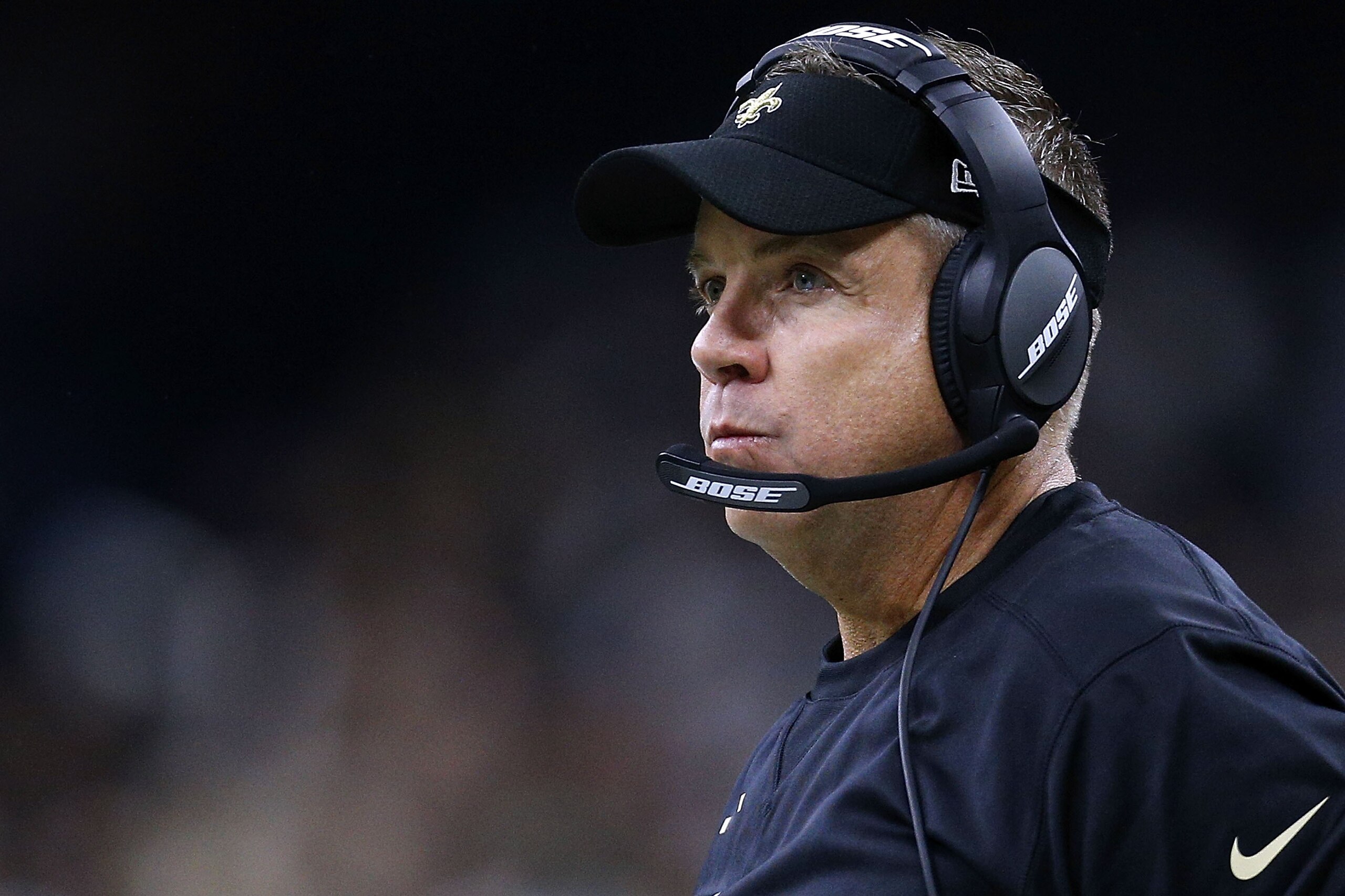 NEW ORLEANS, LA - JANUARY 07:  Head coach Sean Payton of the New Orleans Saints reacts during the NFC Wild Card playoff game against the Carolina Panthers at the Mercedes-Benz Superdome on January 7, 2018 in New Orleans, Louisiana.  (Photo by Jonathan Bac