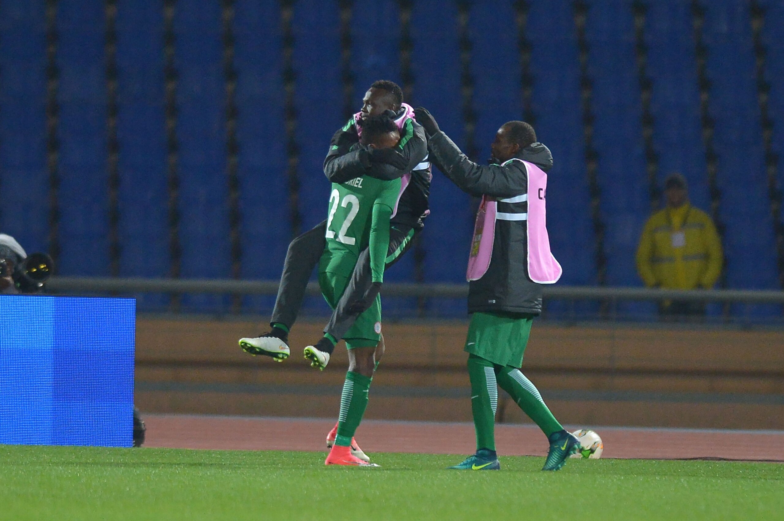 Nigeria's players celebrates the victory during their African Nations Championship semifinal match against Sudan at Marrakech Stadium on January 31, 2018, in Marrakech. / AFP PHOTO / STR (Photo credit should read STR/AFP/Getty Images) Nigeria's players celebrates the victory during their African Nations Championship semifinal match against Sudan at Marrakech Stadium on January 31, 2018, in Marrakech. / AFP PHOTO / STR (Photo credit should read STR/AFP/Getty Images)