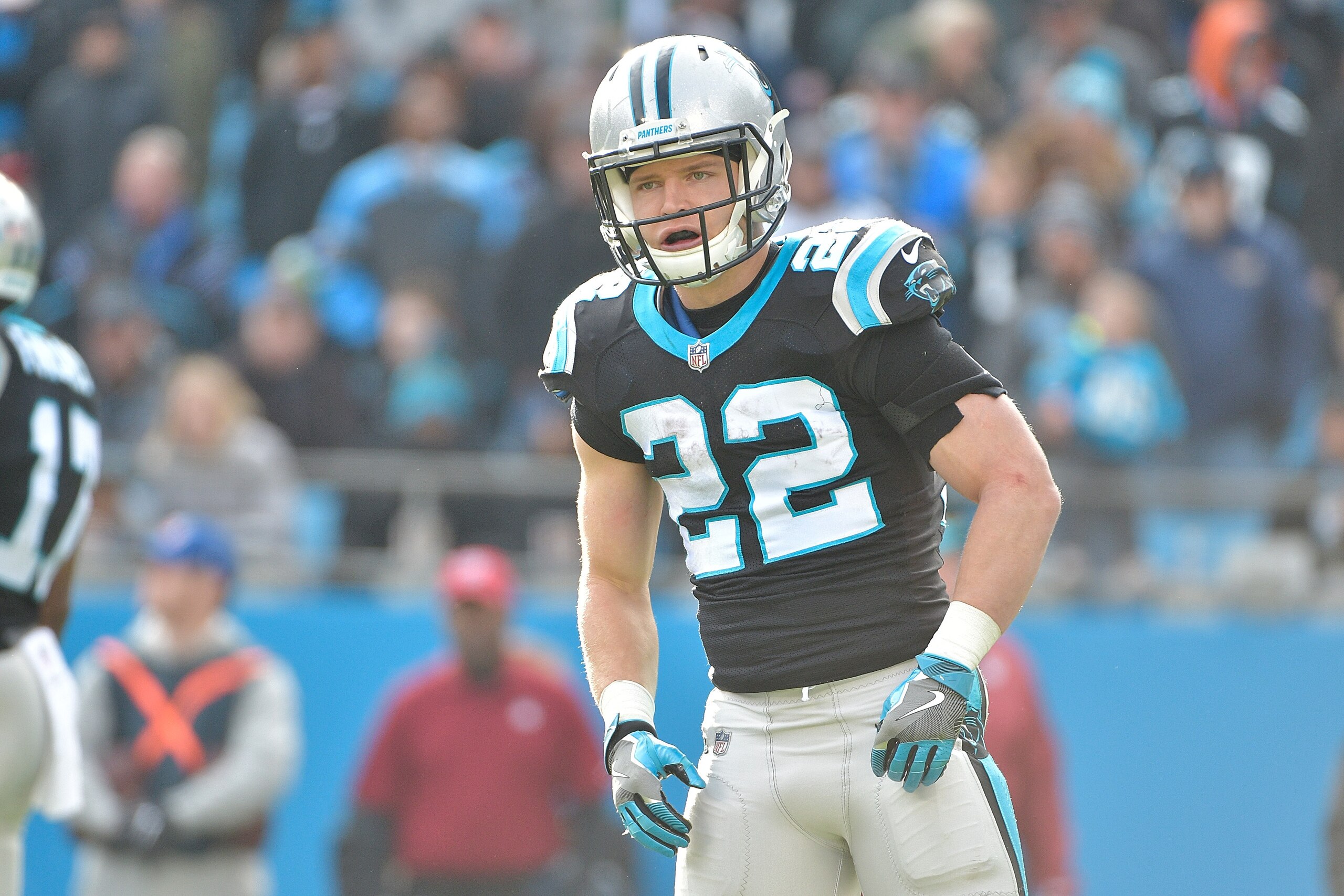 CHARLOTTE, NC - DECEMBER 17:  Christian McCaffrey #22 of the Carolina Panthers during their game against the Green Bay Packers at Bank of America Stadium on December 17, 2017 in Charlotte, North Carolina. The Panthers won 31-24.  (Photo by Grant Halverson