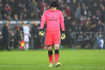 SWANSEA, WALES - JANUARY 30: Petr Cech of Arsenal looks dejected during the Premier League match between Swansea City and Arsenal at the Liberty Stadium on January 30, 2018 in Swansea, Wales. (Photo by Athena Pictures/Getty Images)