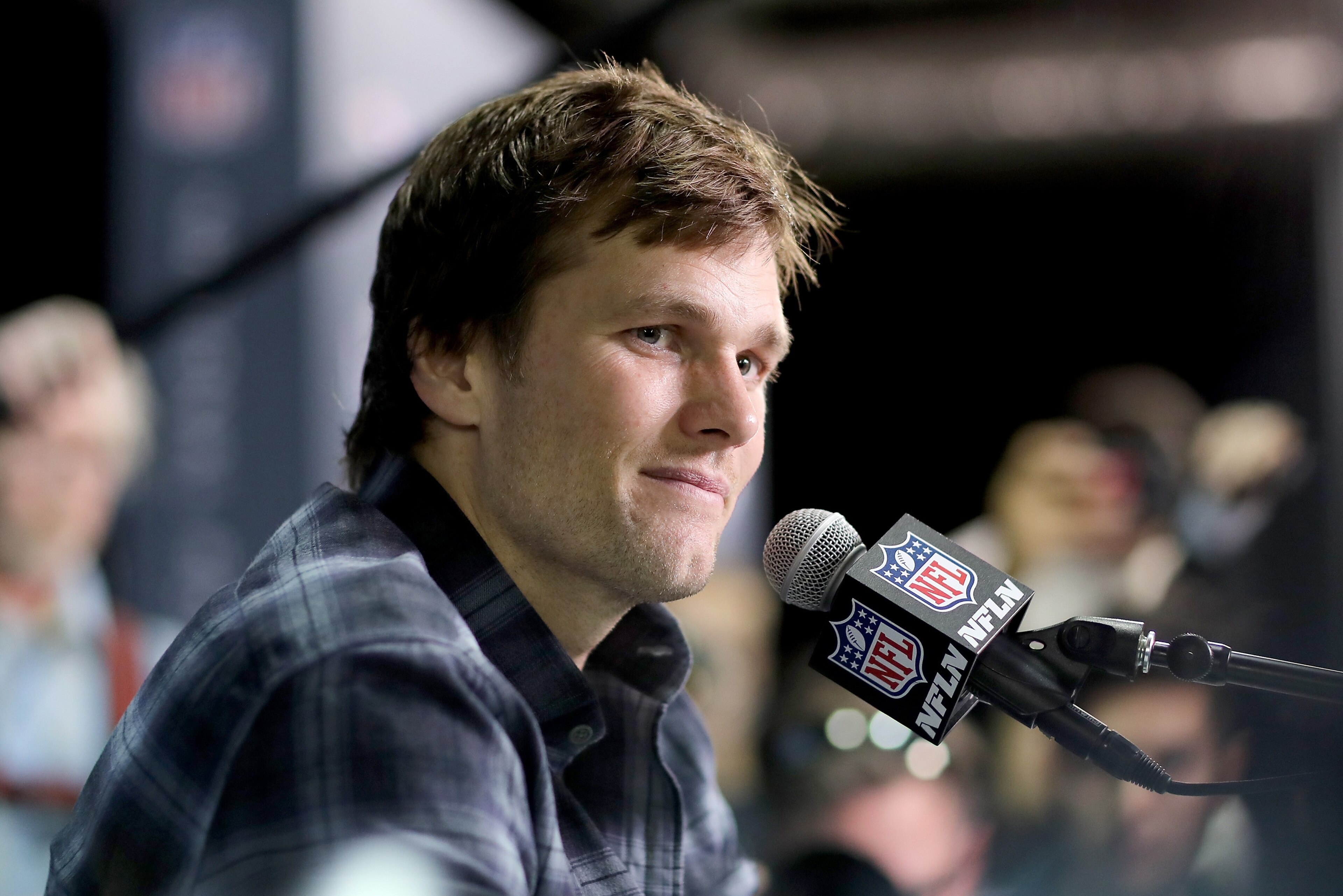 BLOOMINGTON, MN - FEBRUARY 01:  Tom Brady #12 of the New England Patriots speaks to the press during the New England Patriots Media Availability for Super Bowl LII at the Mall of America on February 1, 2018 in Bloomington, Minnesota.The New England Patrio