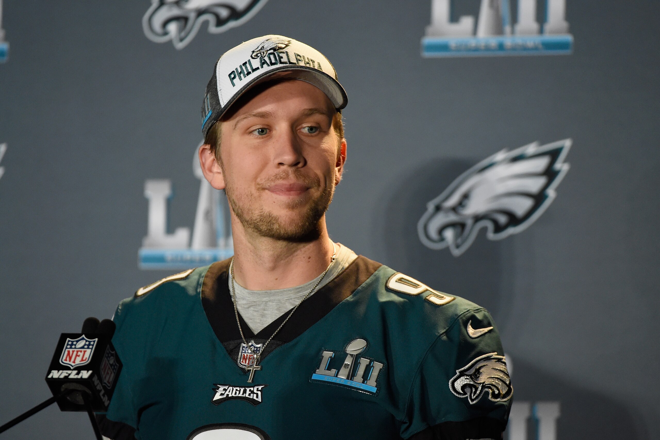 BLOOMINGTON, MN - JANUARY 31: Nick Foles #9 of the Philadelphia Eagles speaks to the media during Super Bowl LII media availability on January 31, 2018 at Mall of America in Bloomington, Minnesota. The Philadelphia Eagles will face the New England Patriot