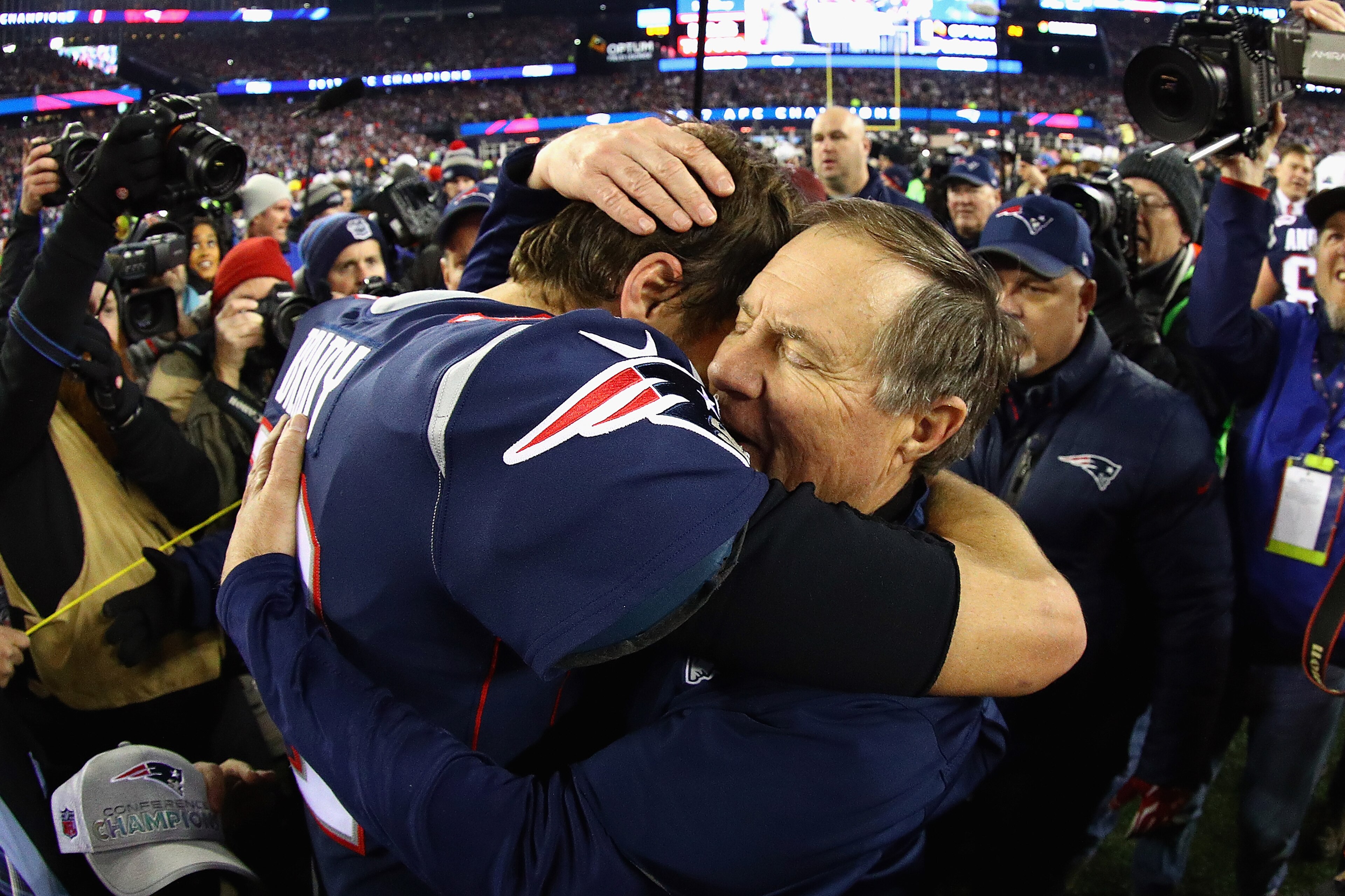 FOXBOROUGH, MA - JANUARY 21:  Tom Brady #12 of the New England Patriots celebrates with head coach Bill Belichick after winning the AFC Championship Game against the Jacksonville Jaguars at Gillette Stadium on January 21, 2018 in Foxborough, Massachusetts