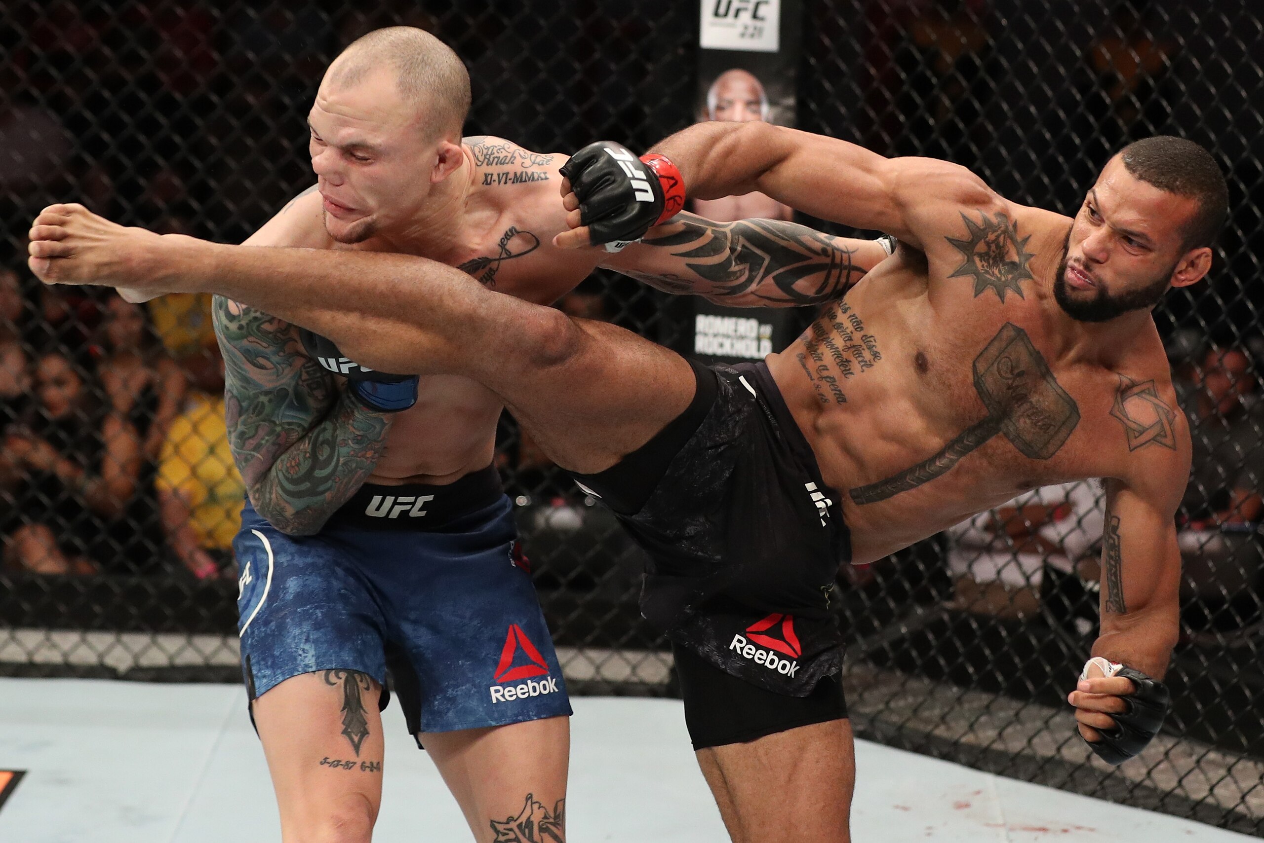 BELEM, BRAZIL - FEBRUARY 03:  (R-L) Thiago Santos of Brazil kicks Anthony Smith in their middleweight bout during the UFC Fight Night event at Mangueirinho Arena on February 03, 2018 in Belem, Brazil. (Photo by Buda Mendes/Zuffa LLC/Zuffa LLC via Getty Im
