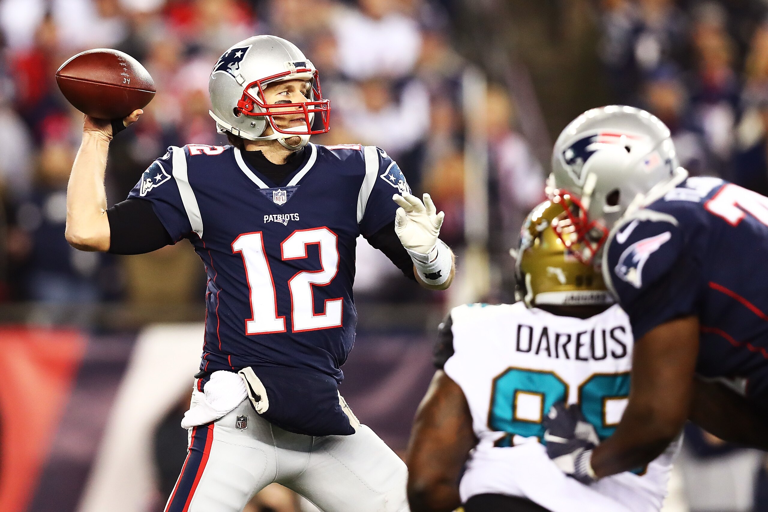 FOXBOROUGH, MA - JANUARY 21: Tom Brady #12 of the New England Patriots throws in the second half during the AFC Championship Game against the Jacksonville Jaguars at Gillette Stadium on January 21, 2018 in Foxborough, Massachusetts.  (Photo by Adam Glanzm