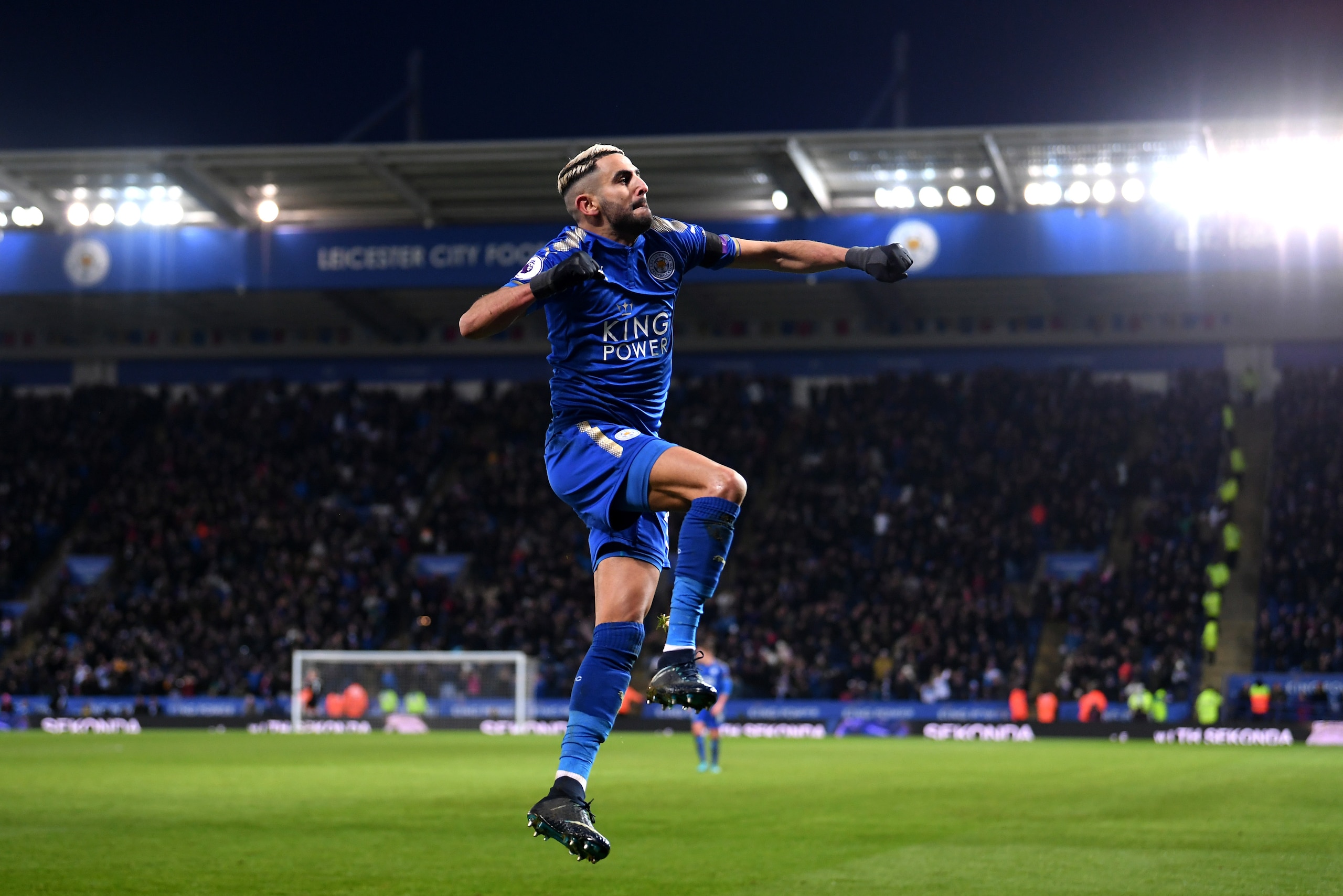 LEICESTER, ENGLAND - JANUARY 20:  Riyad Mahrez of Leicester City celebrates after scoring his sides second goal during the Premier League match between Leicester City and Watford at The King Power Stadium on January 20, 2018 in Leicester, England.  (Photo
