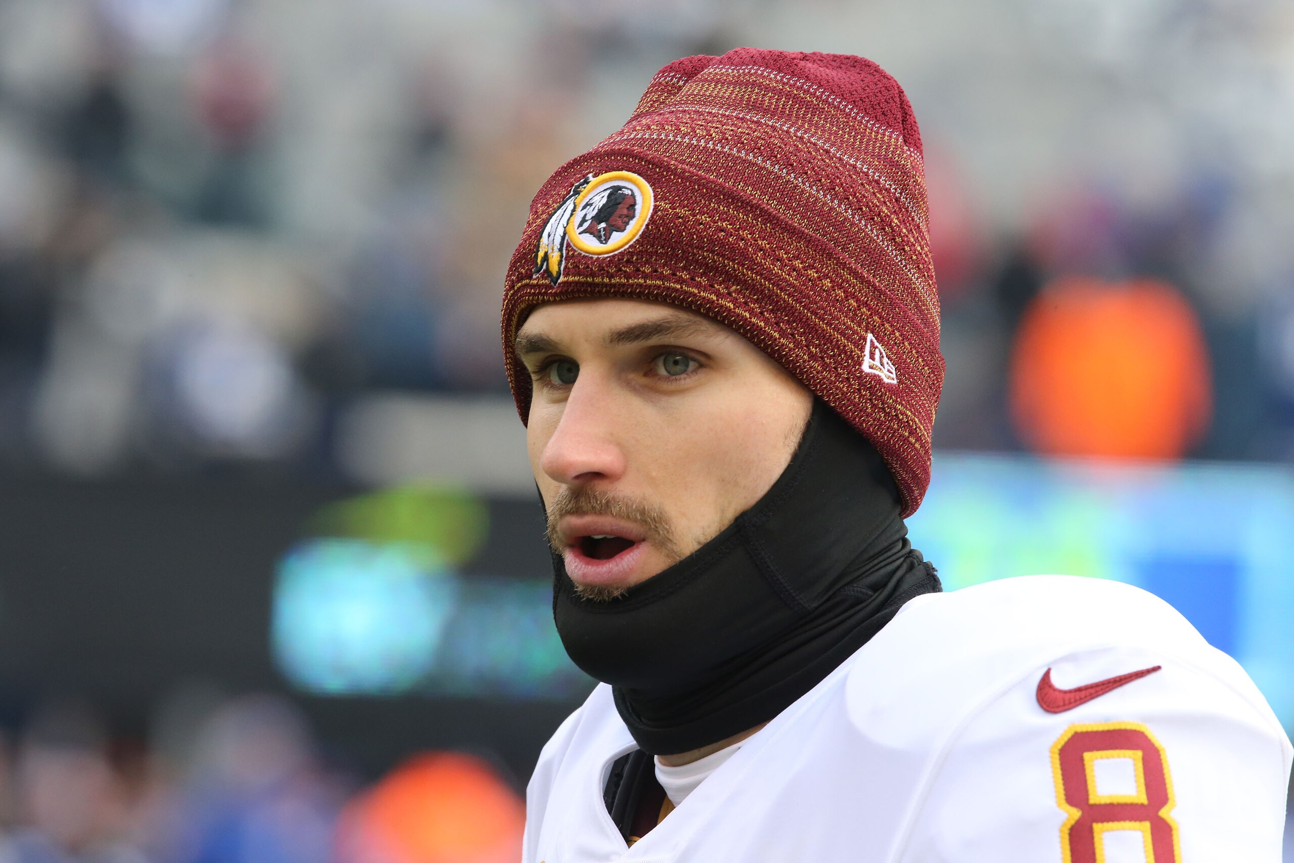 EAST RUTHERFORD, NJ - DECEMBER 31: Quarterback Kirk Cousins #8 of the Washington Redskins in action against the New York Giants at MetLife Stadium on December 31, 2017 in East Rutherford, New Jersey. The Giants defeated the Redskins 18-10. (Photo by Al Pe