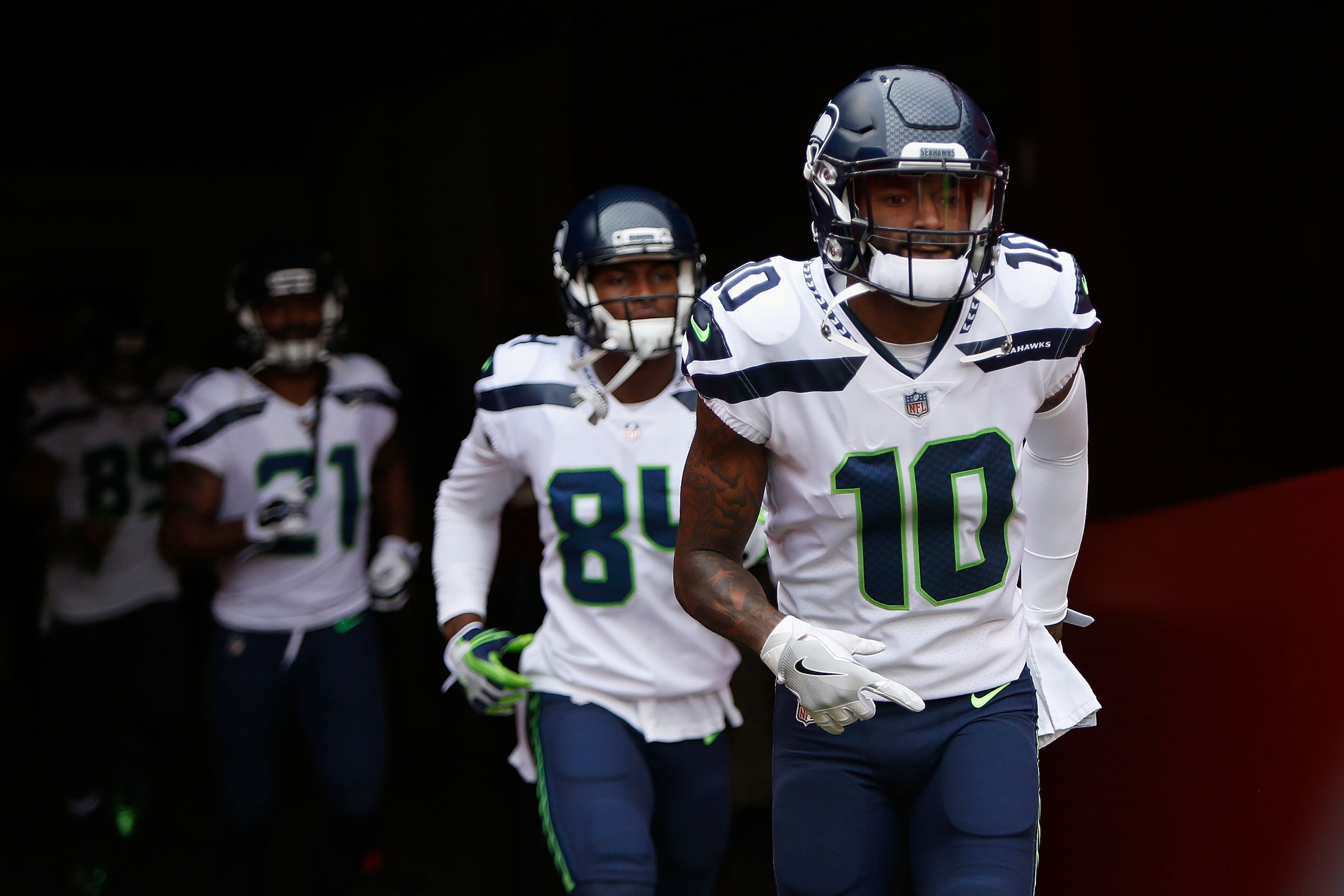 SANTA CLARA, CA - NOVEMBER 26: Paul Richardson #10 of the Seattle Seahawks runs out to the field for the warm up before the game against the San Francisco 49ers at Levi's Stadium on November 26, 2017 in Santa Clara, California. (Photo by Lachlan Cunningha