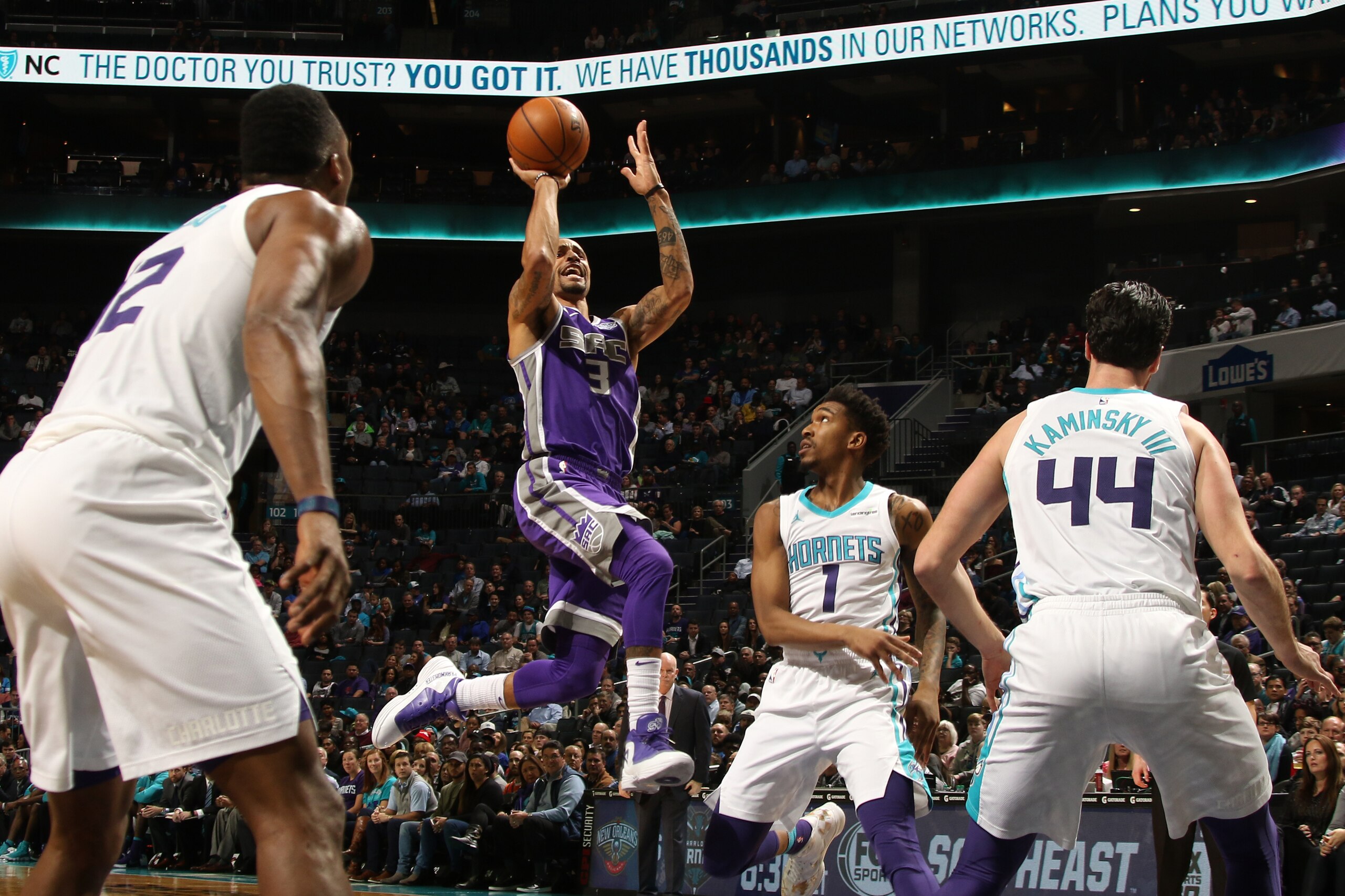 CHARLOTTE, NC - JANUARY 22:  George Hill #3 of the Sacramento Kings shoots the ball against the Charlotte Hornets on January 22, 2018 at Spectrum Center in Charlotte, North Carolina. NOTE TO USER: User expressly acknowledges and agrees that, by downloadin