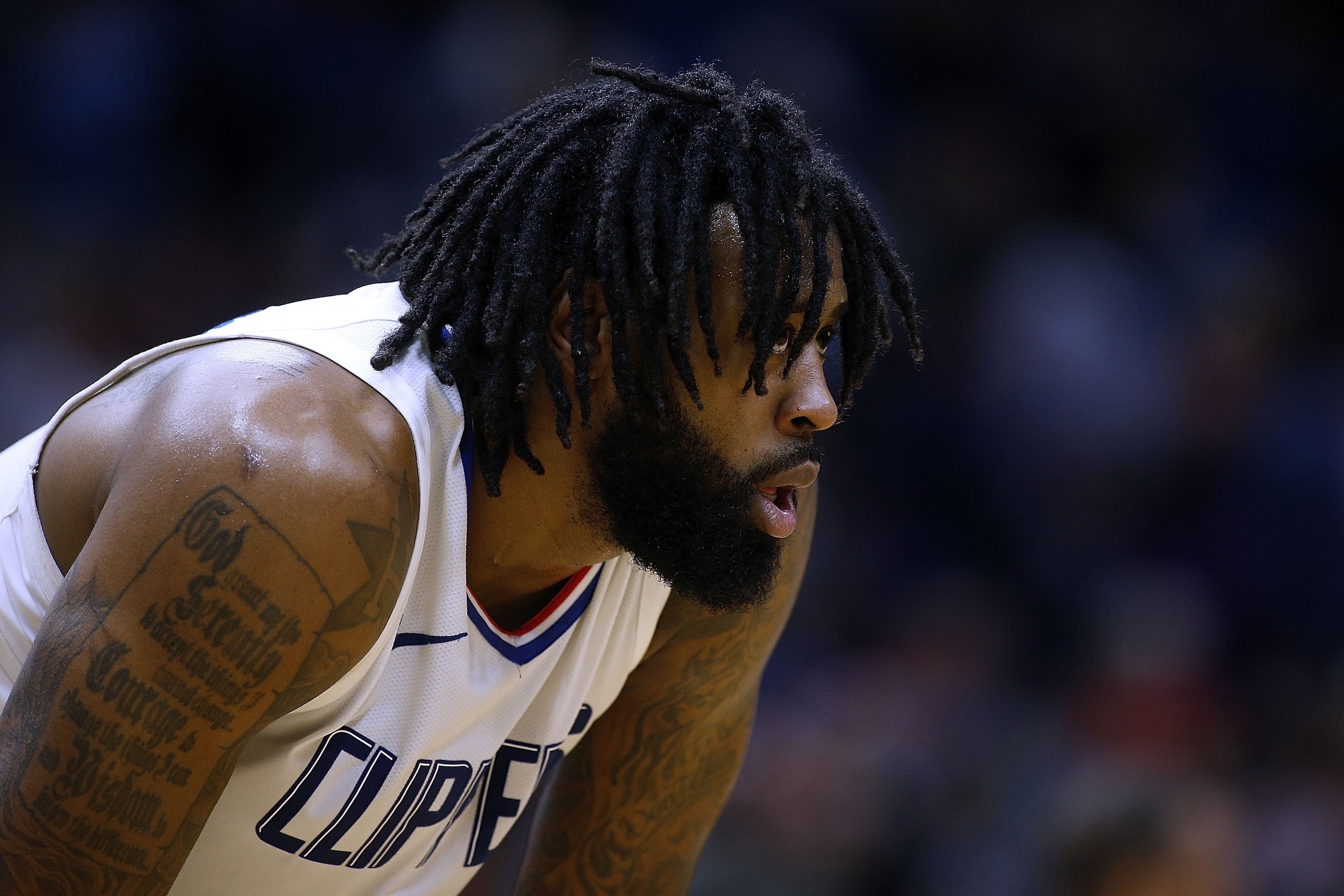 NEW ORLEANS, LA - JANUARY 28:  DeAndre Jordan #6 of the LA Clippers reacts druing the first half against the New Orleans Pelicans at the Smoothie King Center on January 28, 2018 in New Orleans, Louisiana. NOTE TO USER: User expressly acknowledges and agre