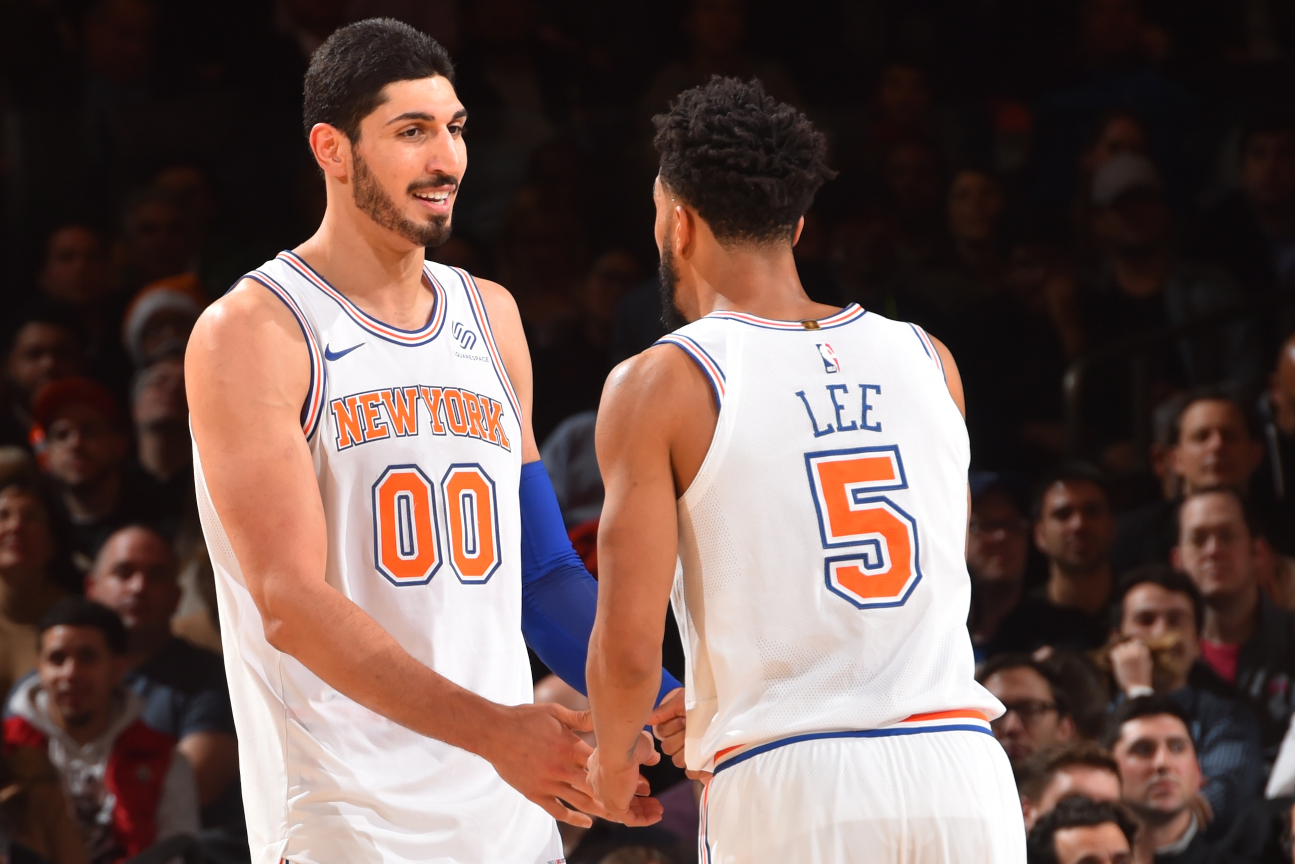 NEW YORK,NY - DECEMBER 6 : Enes Kanter  #55 and Courtney Lee #5 of the New York Knicks shake hands against the Memphis Grizzlies at Madison Square Garden on December 6, 2017 in New York,New York NOTE TO USER: User expressly acknowledges and agrees that, b