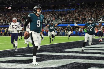 MINNEAPOLIS, MN - FEBRUARY 04:  Nick Foles #9 of the Philadelphia Eagles reacts after a 1-yard touchdown reception against the New England Patriots during the second quarter in Super Bowl LII at U.S. Bank Stadium on February 4, 2018 in Minneapolis, Minnes