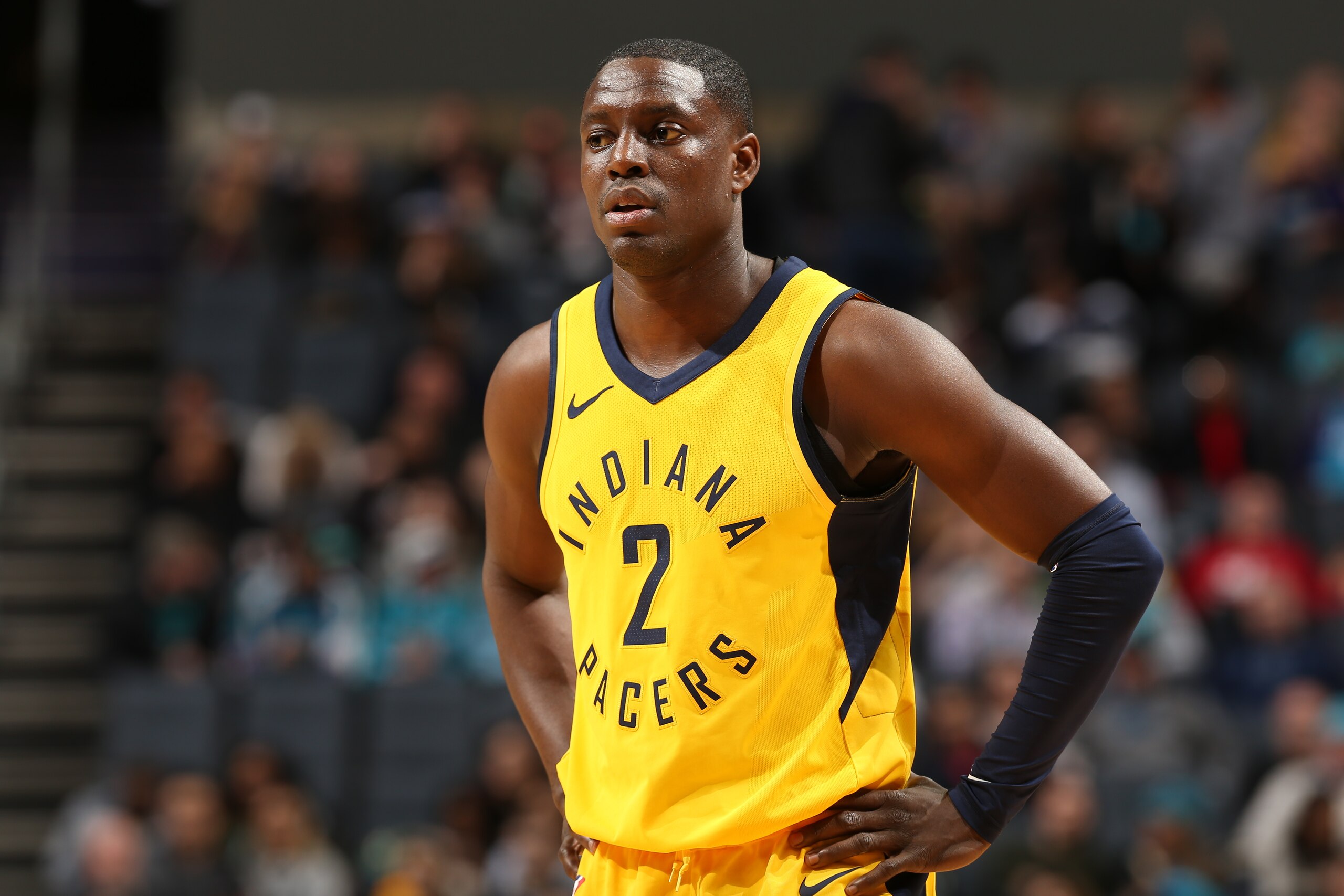 CHARLOTTE, NC - FEBRUARY 2:  Darren Collison #2 of the Indiana Pacers looks on during the game against the Charlotte Hornets on February 2, 2018 at Spectrum Center in Charlotte, North Carolina. NOTE TO USER: User expressly acknowledges and agrees that, by