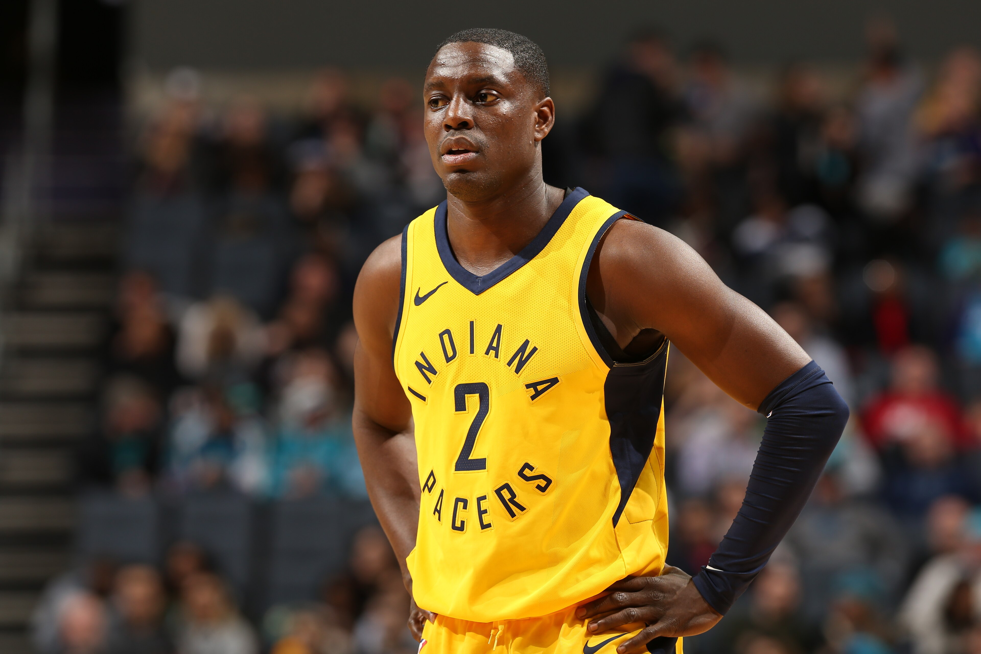 CHARLOTTE, NC - FEBRUARY 2:  Darren Collison #2 of the Indiana Pacers looks on during the game against the Charlotte Hornets on February 2, 2018 at Spectrum Center in Charlotte, North Carolina. NOTE TO USER: User expressly acknowledges and agrees that, by