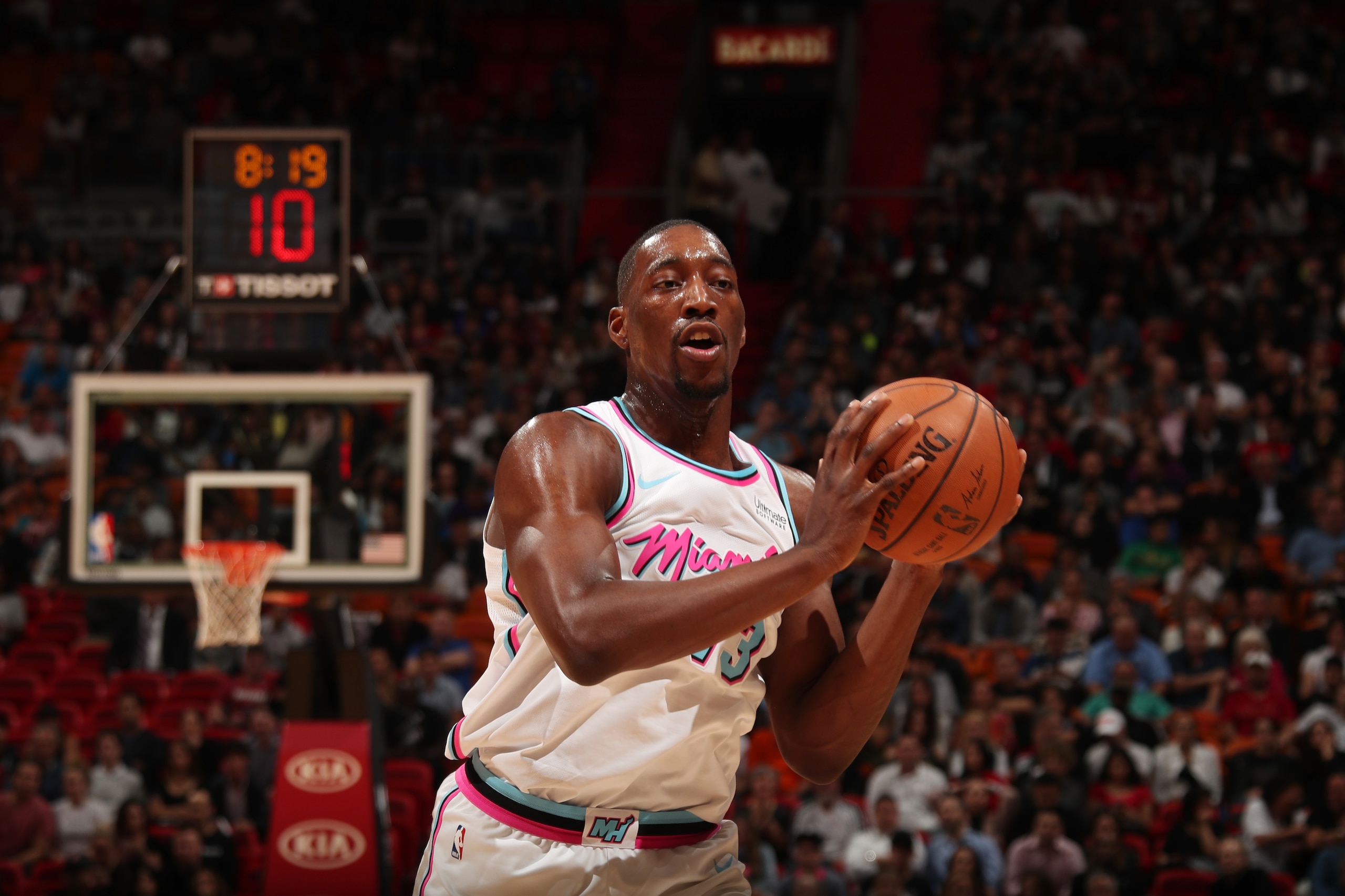 MIAMI, FL - JANUARY 25:   Bam Adebayo #13 of the Miami Heat handles the ball against the Sacramento Kings on January 25, 2018 at AmericanAirlines Arena in Miami, Florida. NOTE TO USER: User expressly acknowledges and agrees that, by downloading and or usi