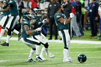 MINNEAPOLIS, MN - FEBRUARY 04:  Brandon Graham #55 of the Philadelphia Eagles celebrates with teammates after forcing a fumble by Tom Brady #12 of the New England Patriots (not pictured) during the fourth quarter in Super Bowl LII at U.S. Bank Stadium on 