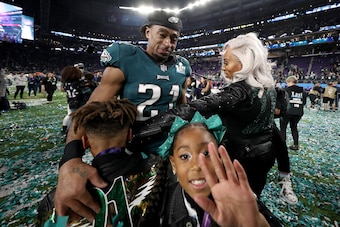 MINNEAPOLIS, MN - FEBRUARY 04:  Patrick Robinson #21 of the Philadelphia Eagles  celebrates with his family after defeating the New England Patriots 41-33 in Super Bowl LII at U.S. Bank Stadium on February 4, 2018 in Minneapolis, Minnesota.  (Photo by Pat