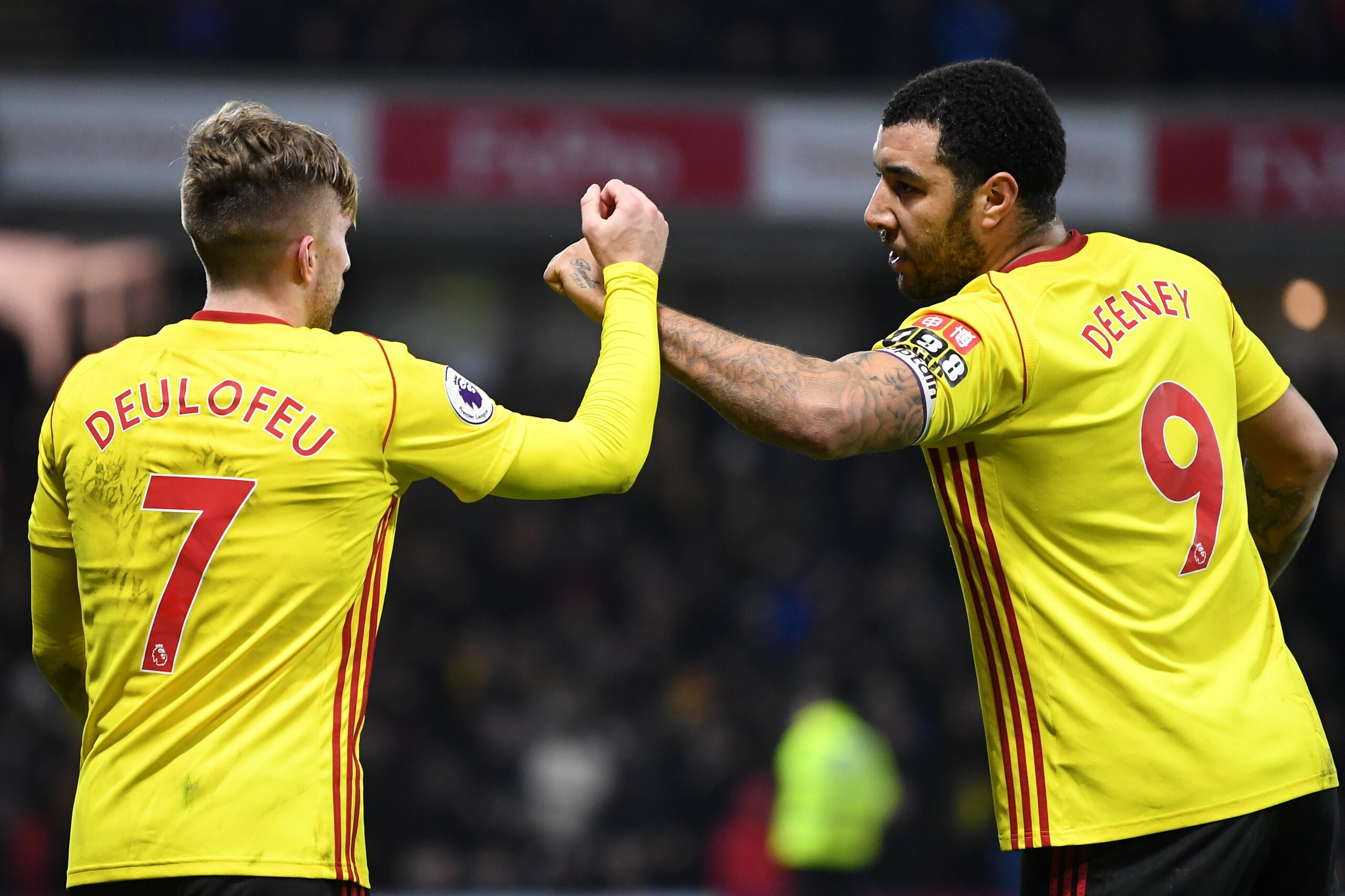 WATFORD, ENGLAND - FEBRUARY 05:  Gerard Deulofeu of Watford celebrates scoring the 3rd Watford goal with Troy Deeney during the Premier League match between Watford and Chelsea at Vicarage Road on February 5, 2018 in Watford, England.  (Photo by Michael R