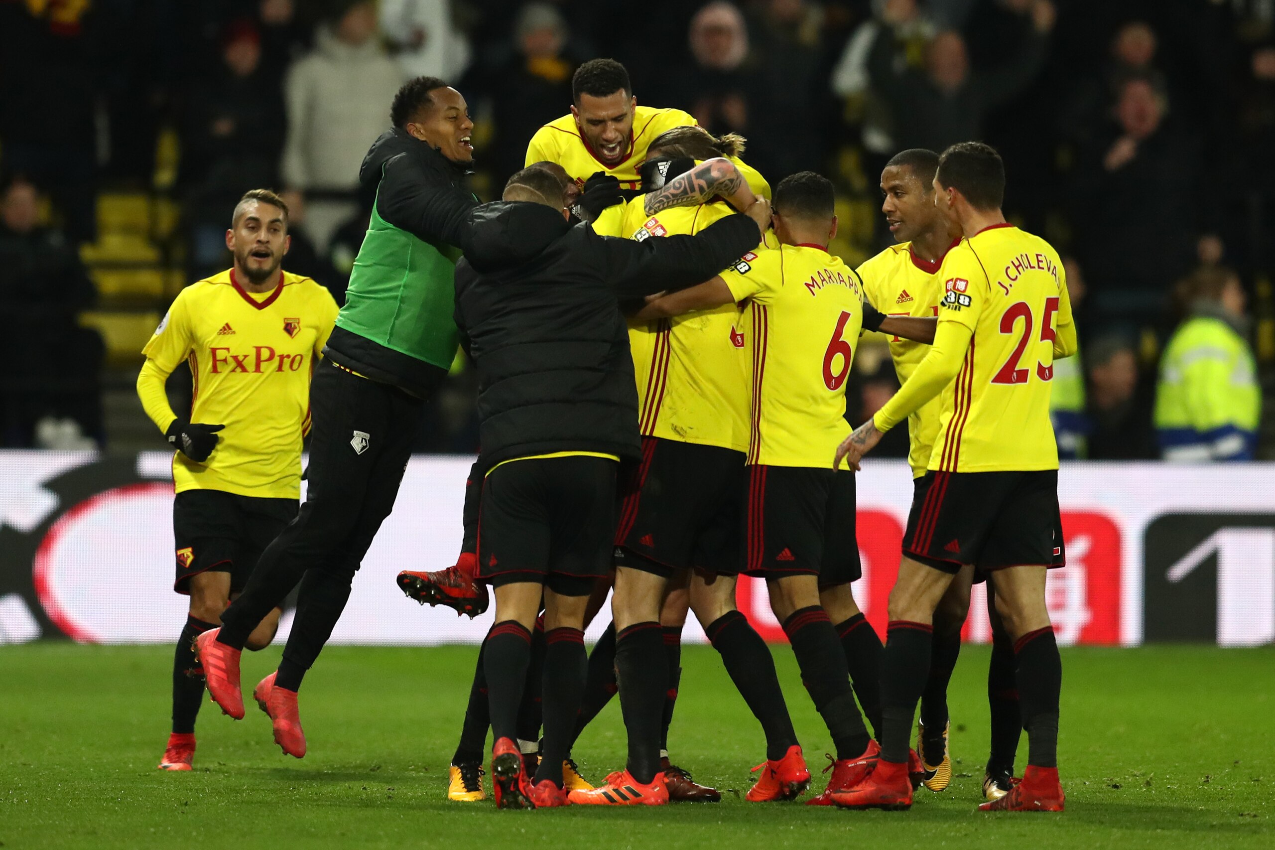 WATFORD, ENGLAND - FEBRUARY 05:  Daryl Janmaat of Watford celebrates scoring the 2nd Watford goal with team mates during the Premier League match between Watford and Chelsea at Vicarage Road on February 5, 2018 in Watford, England.  (Photo by Catherine Iv