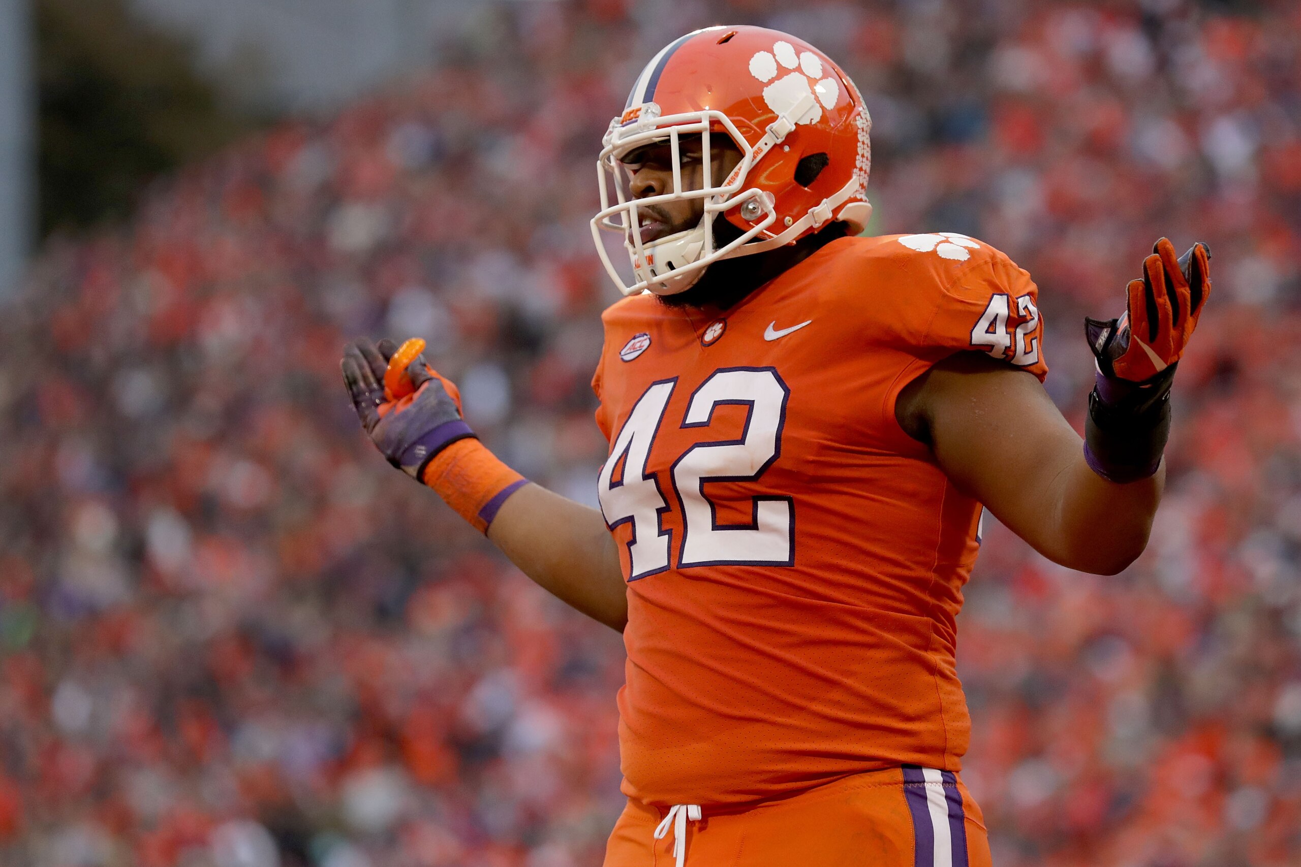 CLEMSON, SC - NOVEMBER 11:  Christian Wilkins #42 of the Clemson Tigers reacts after a play against the Florida State Seminoles during their game at Memorial Stadium on November 11, 2017 in Clemson, South Carolina.  (Photo by Streeter Lecka/Getty Images)
