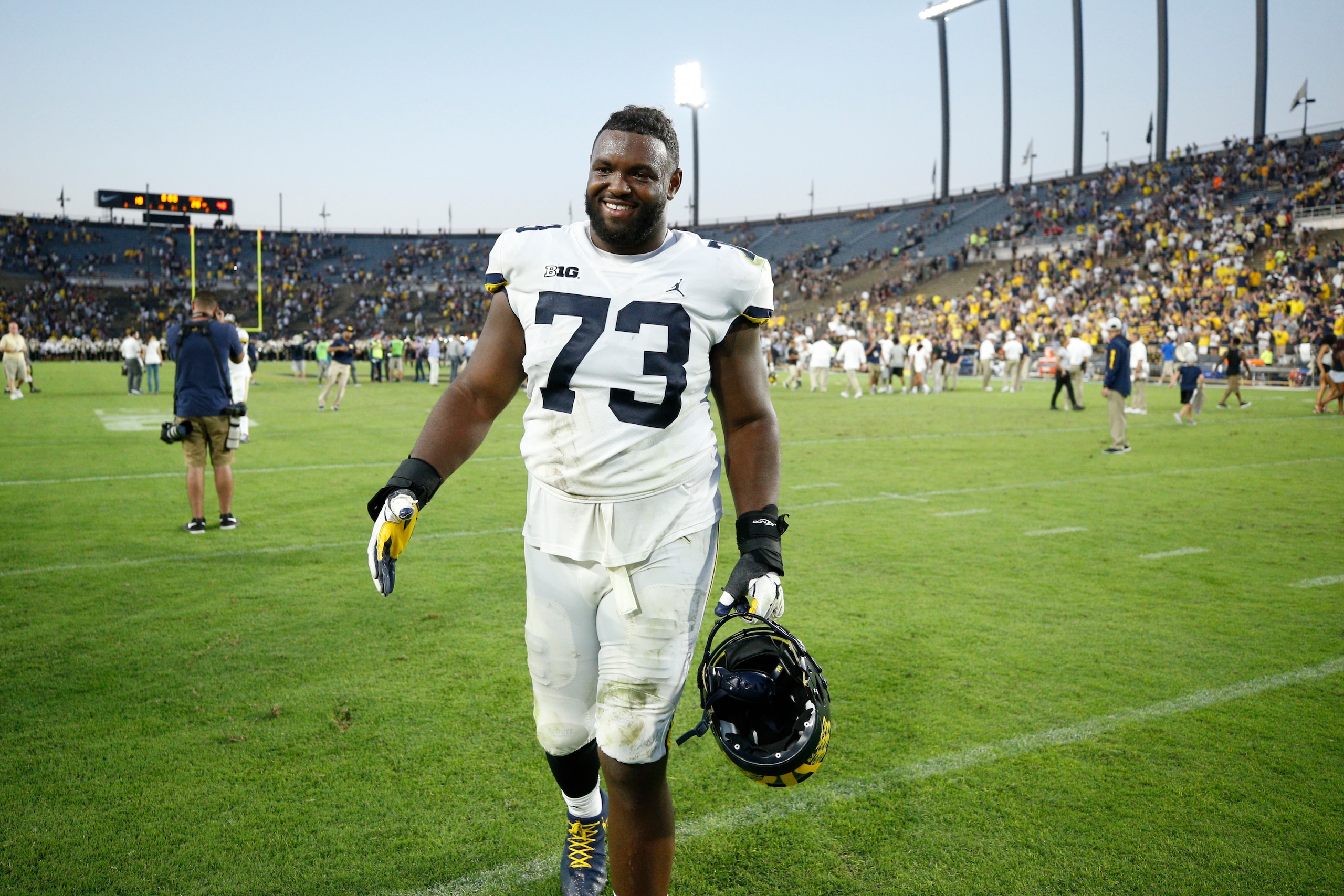 WEST LAFAYETTE, IN - SEPTEMBER 23: Maurice Hurst #73 of the Michigan Wolverines looks on after a game against the Purdue Boilermakers at Ross-Ade Stadium on September 23, 2017 in West Lafayette, Indiana. Michigan won 28-10. (Photo by Joe Robbins/Getty Ima