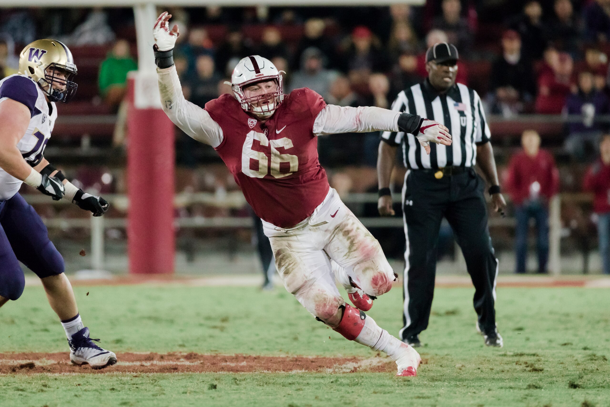 PALO ALTO, CA - NOVEMBER 10:  Harrison Phillips #66  of the Stanford Cardinal plays in an NCAA Pac-12 football game against the University of  Washington Huskies on November 10, 2017 at Stanford Stadium in Palo Alto, California.  (Photo by David Madison/G