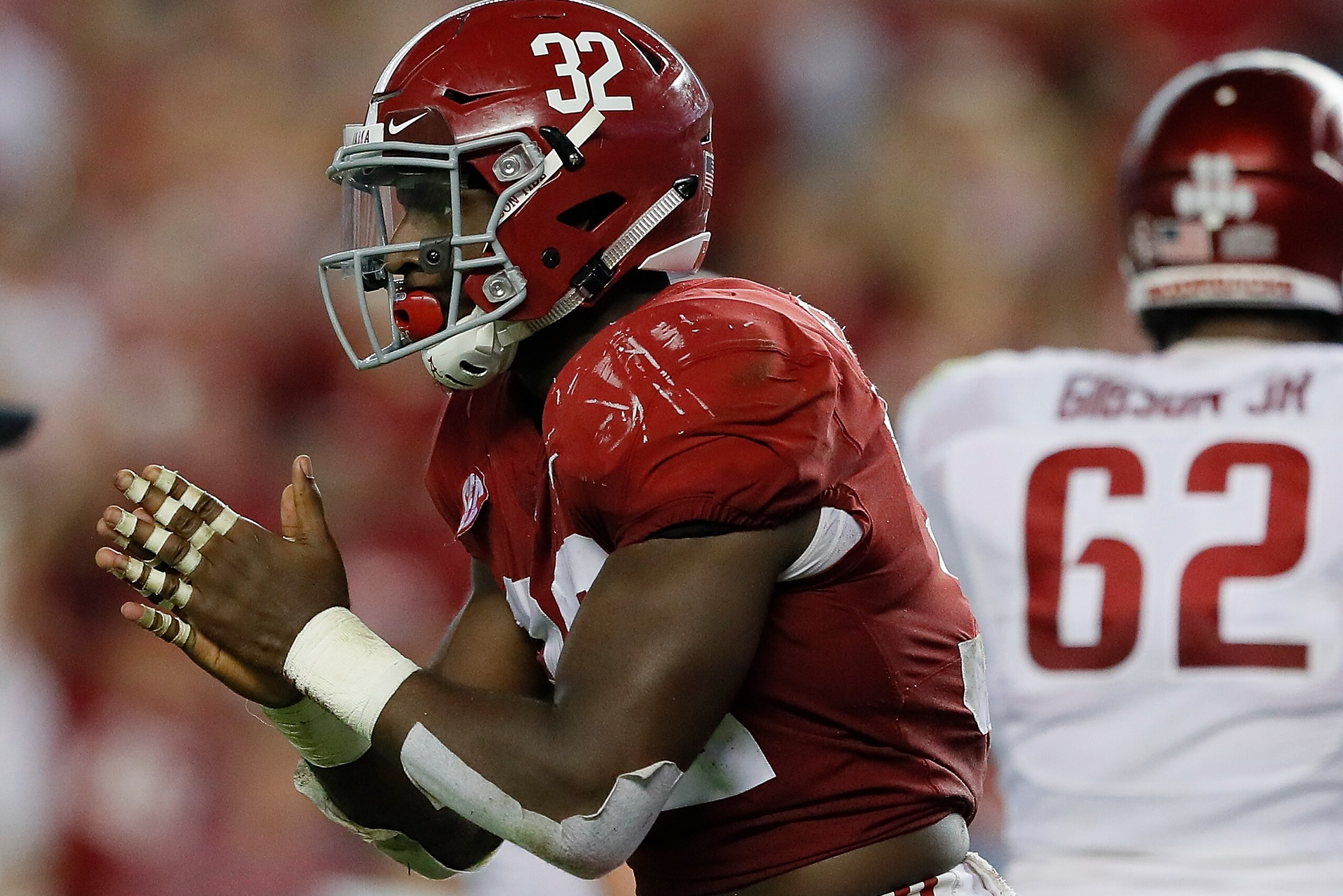 TUSCALOOSA, AL - OCTOBER 14:  Rashaan Evans #32 of the Alabama Crimson Tide reacts after sacking Cole Kelley #15 of the Arkansas Razorbacks at Bryant-Denny Stadium on October 14, 2017 in Tuscaloosa, Alabama.  (Photo by Kevin C. Cox/Getty Images)