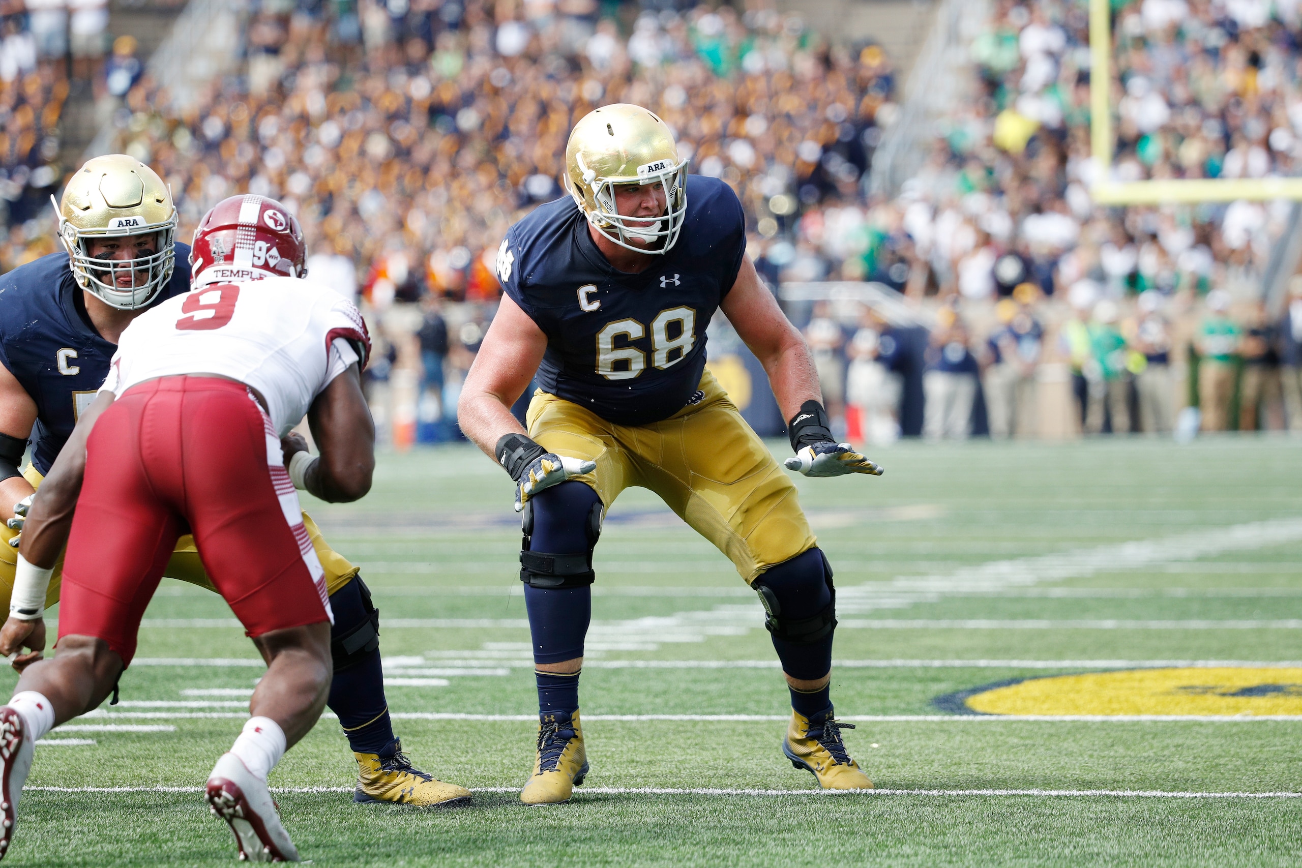 SOUTH BEND, IN - SEPTEMBER 02: Mike McGlinchey #68 of the Notre Dame Fighting Irish in action during a game against the Temple Owls at Notre Dame Stadium on September 2, 2017 in South Bend, Indiana. The Irish won 49-16. (Photo by Joe Robbins/Getty Images)