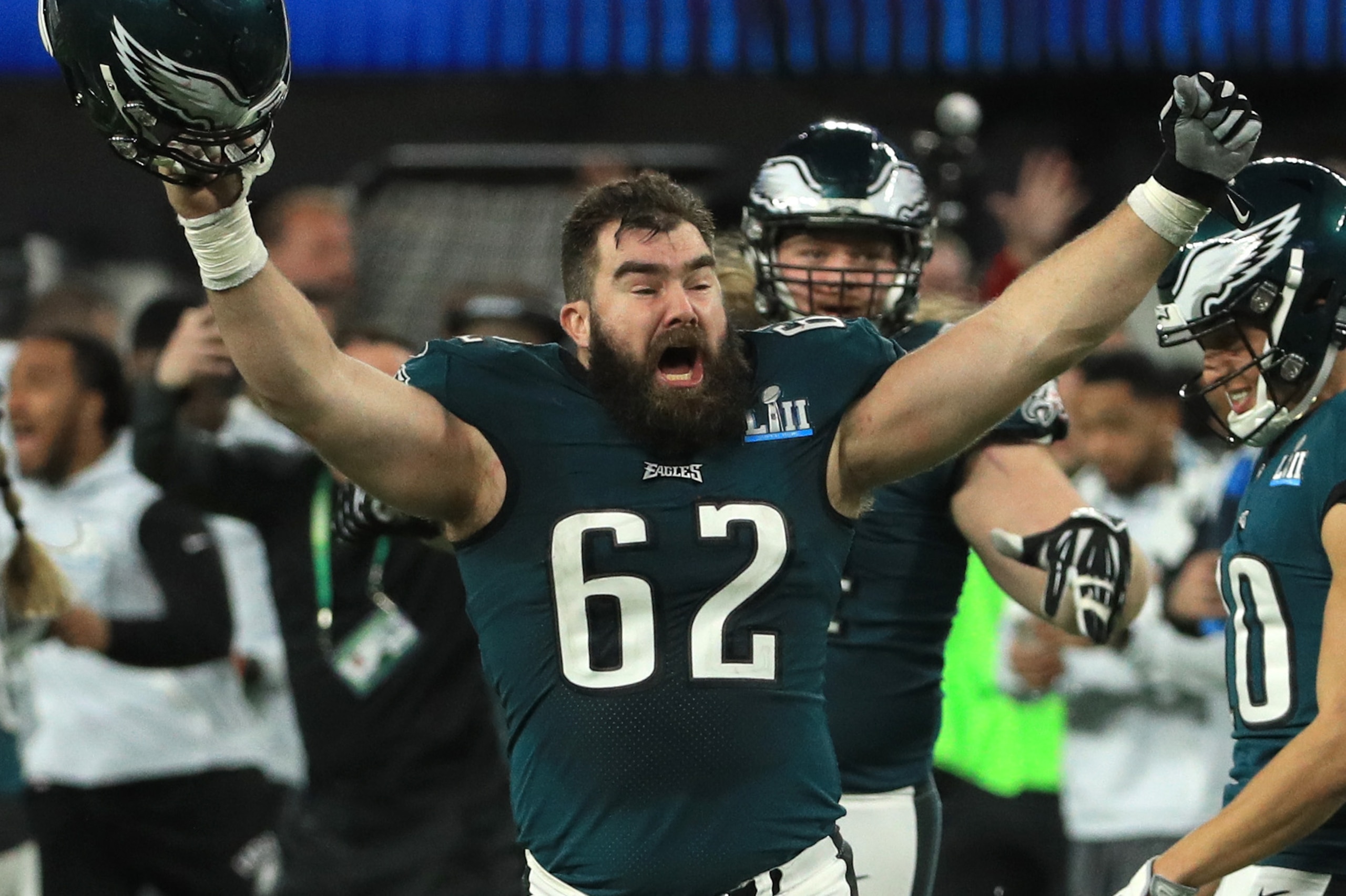 MINNEAPOLIS, MN - FEBRUARY 04:  Jason Kelce #62 of the Philadelphia Eagles celebrates after defeating the New England Patriots 41-33 in Super Bowl LII at U.S. Bank Stadium on February 4, 2018 in Minneapolis, Minnesota.  (Photo by Mike Ehrmann/Getty Images