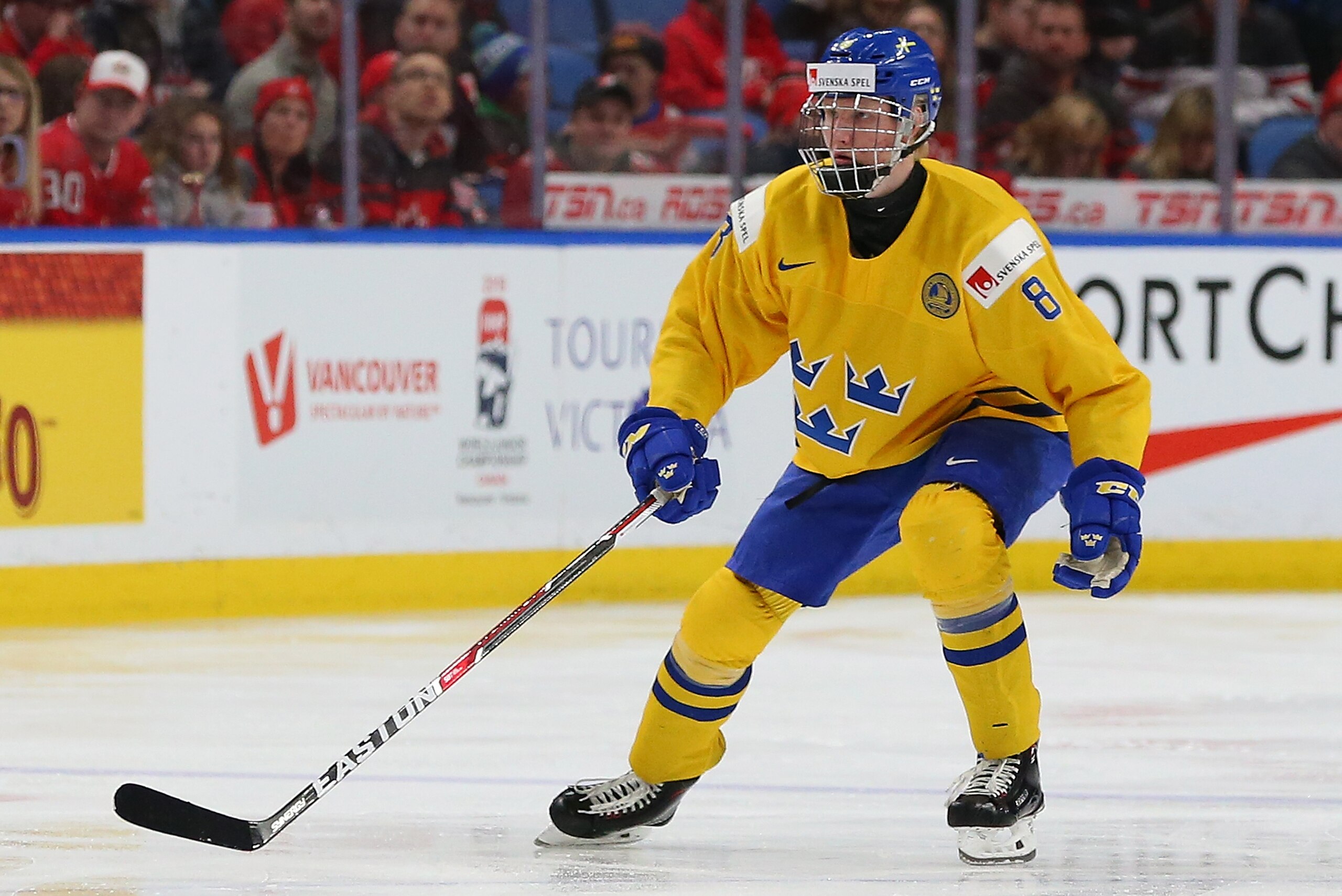 BUFFALO, NY - JANUARY 5: Rasmus Dahlin #8 of Sweden in play against Canada during the Gold medal game of the IIHF World Junior Championship at KeyBank Center on January 5, 2018 in Buffalo, New York. Canada beat Sweden 3-1. (Photo by Kevin Hoffman/Getty Im
