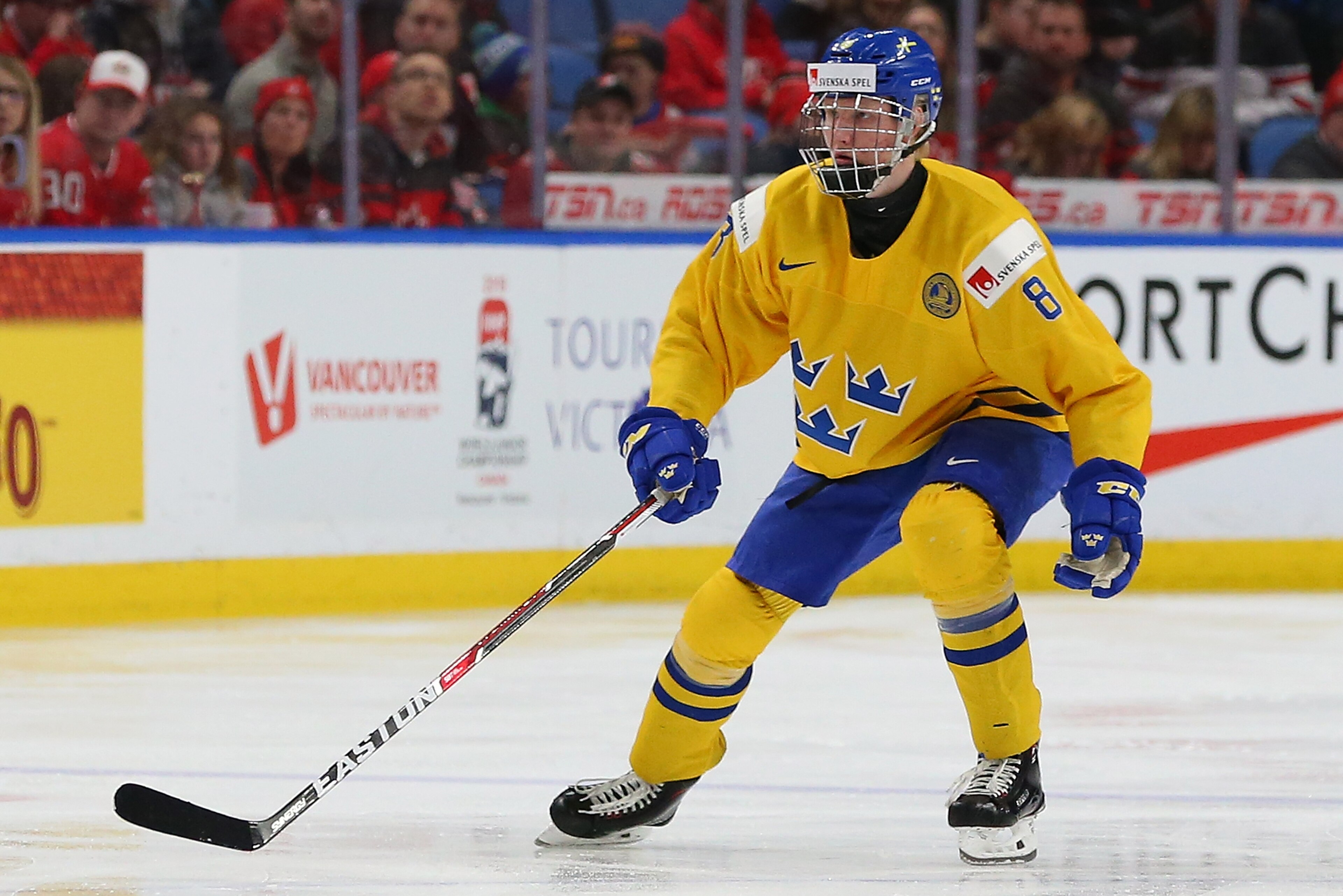 BUFFALO, NY - JANUARY 5: Rasmus Dahlin #8 of Sweden in play against Canada during the Gold medal game of the IIHF World Junior Championship at KeyBank Center on January 5, 2018 in Buffalo, New York. Canada beat Sweden 3-1. (Photo by Kevin Hoffman/Getty Im