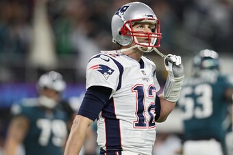 MINNEAPOLIS, MN - FEBRUARY 04: Tom Brady #12 of the New England Patriots reacts against the Philadelphia Eagles during the fourth quarter in Super Bowl LII at U.S. Bank Stadium on February 4, 2018 in Minneapolis, Minnesota. (Photo by Patrick Smith/Getty I