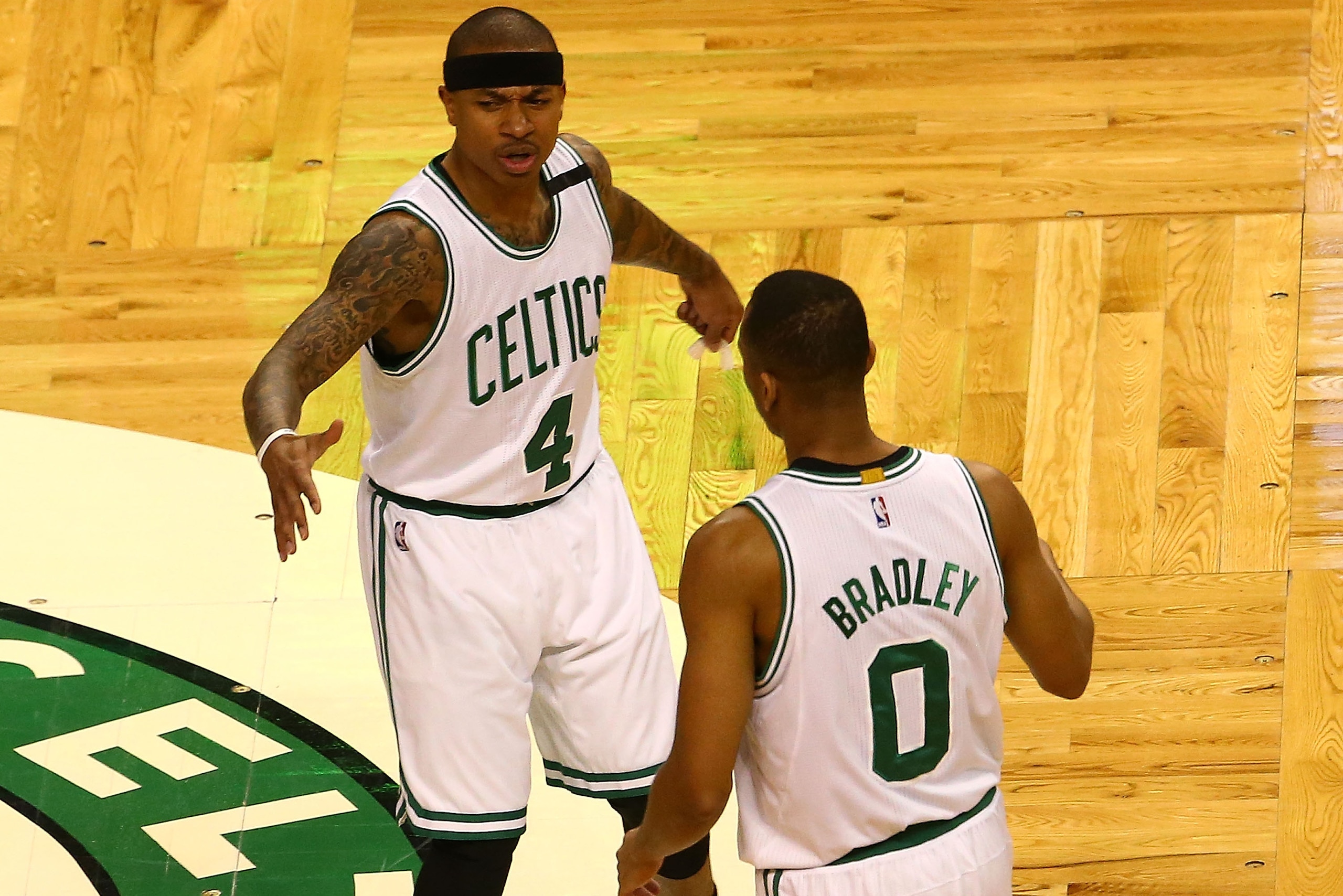 BOSTON, MA - MAY 15:  Isaiah Thomas #4 of the Boston Celtics reacts with Avery Bradley #0 against the Washington Wizards during Game Seven of the NBA Eastern Conference Semi-Finals at TD Garden on May 15, 2017 in Boston, Massachusetts.  NOTE TO USER: User