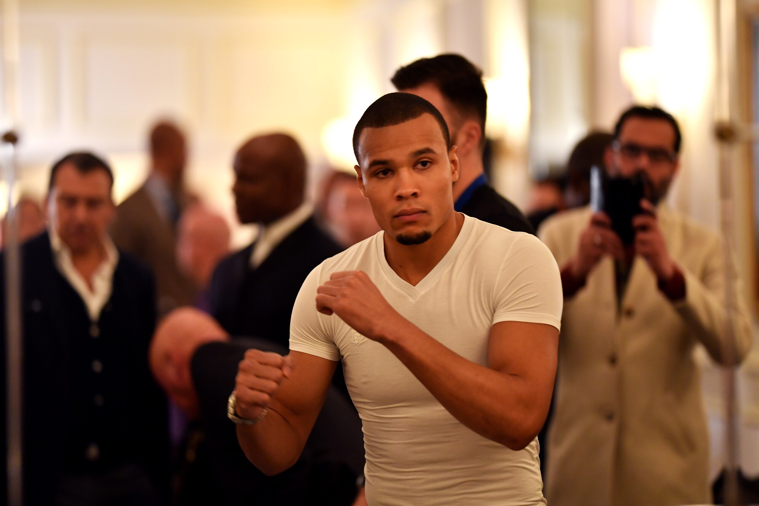 LONDON, ENGLAND - NOVEMBER 28:  Chris Eubank Jnr spars in a mirror during a George Groves and Chris Eubank Jr. Press Conference at the Savoy Hotel on November 28, 2017 in London, England. (Photo by Justin Setterfield/Getty Images)