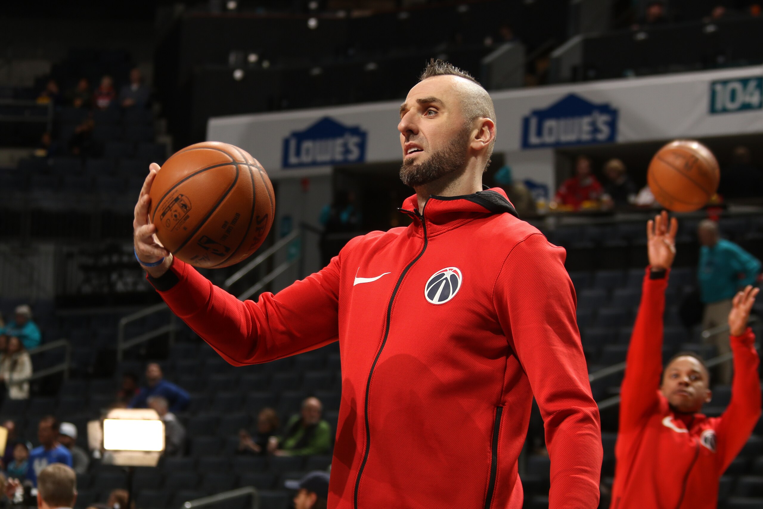 CHARLOTTE, NC - JANUARY 17: Marcin Gortat #13 of the Washington Wizards as seen before the game against the Charlotte Hornets on January 17, 2018 at Spectrum Center in Charlotte, North Carolina. NOTE TO USER: User expressly acknowledges and agrees that, b CHARLOTTE, NC - JANUARY 17: Marcin Gortat #13 of the Washington Wizards as seen before the game against the Charlotte Hornets on January 17, 2018 at Spectrum Center in Charlotte, North Carolina. NOTE TO USER: User expressly acknowledges and agrees that, b