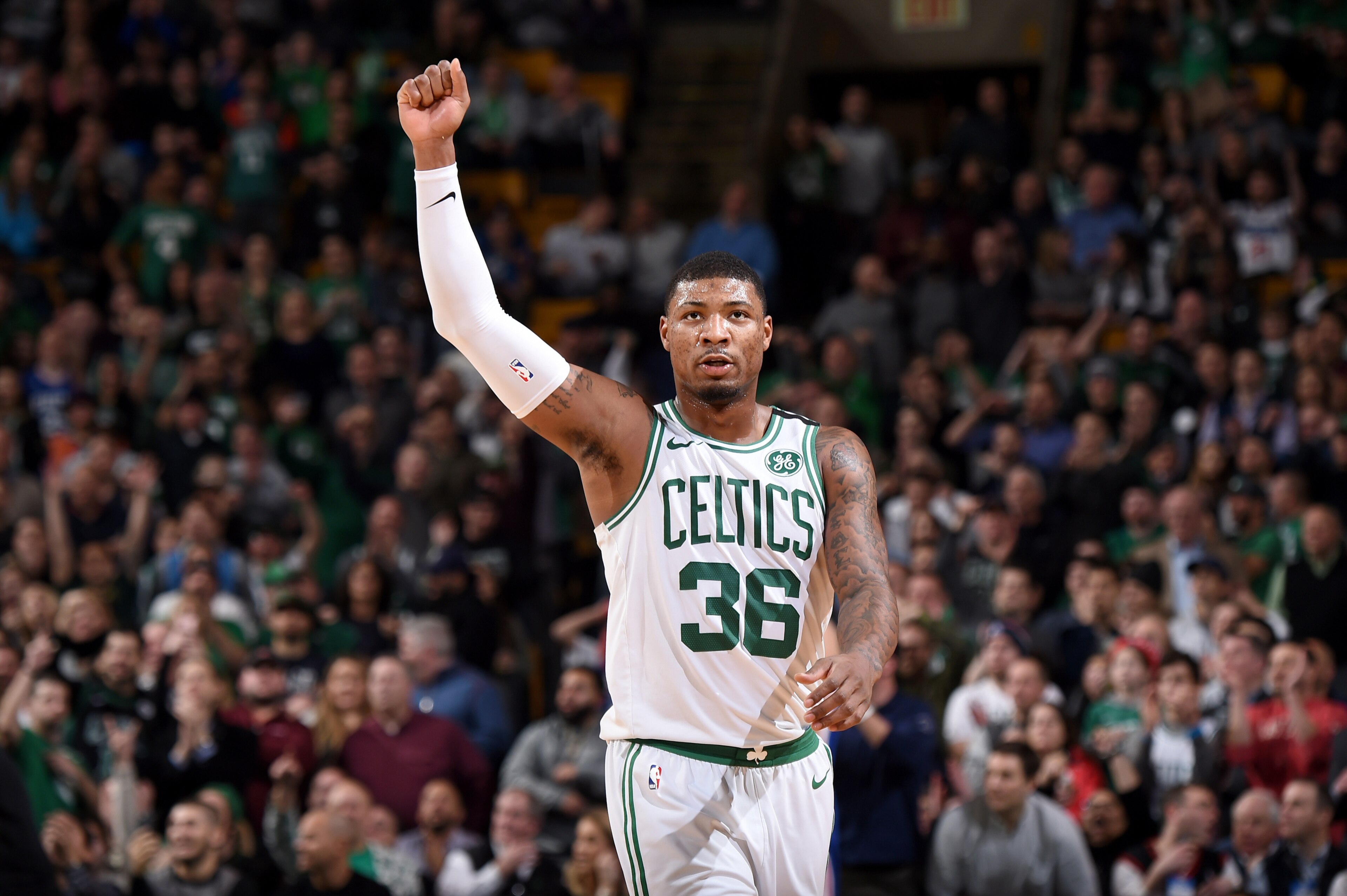 BOSTON, MA - JANUARY 18: Marcus Smart #36 of the Boston Celtics during the game against the Philadelphia 76ers on January 18, 2018 at the TD Garden in Boston, Massachusetts. NOTE TO USER: User expressly acknowledges and agrees that, by downloading and/or 