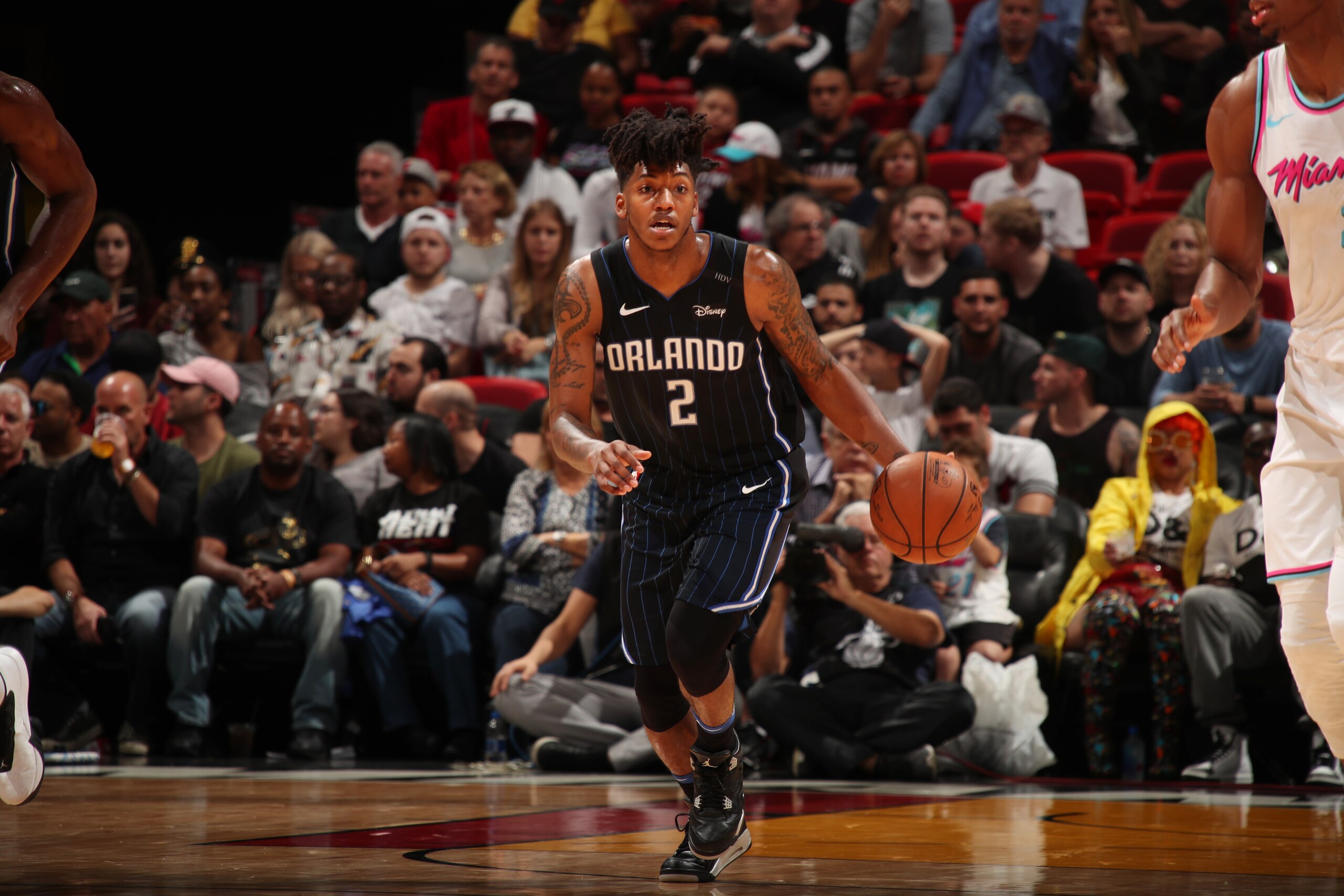 MIAMI, FL - FEBRUARY 5:   Elfrid Payton #2 of the Orlando Magic handles the ball against the Miami Heat on February 5, 2018 at American Airlines Arena in Miami, Florida. NOTE TO USER: User expressly acknowledges and agrees that, by downloading and or usin