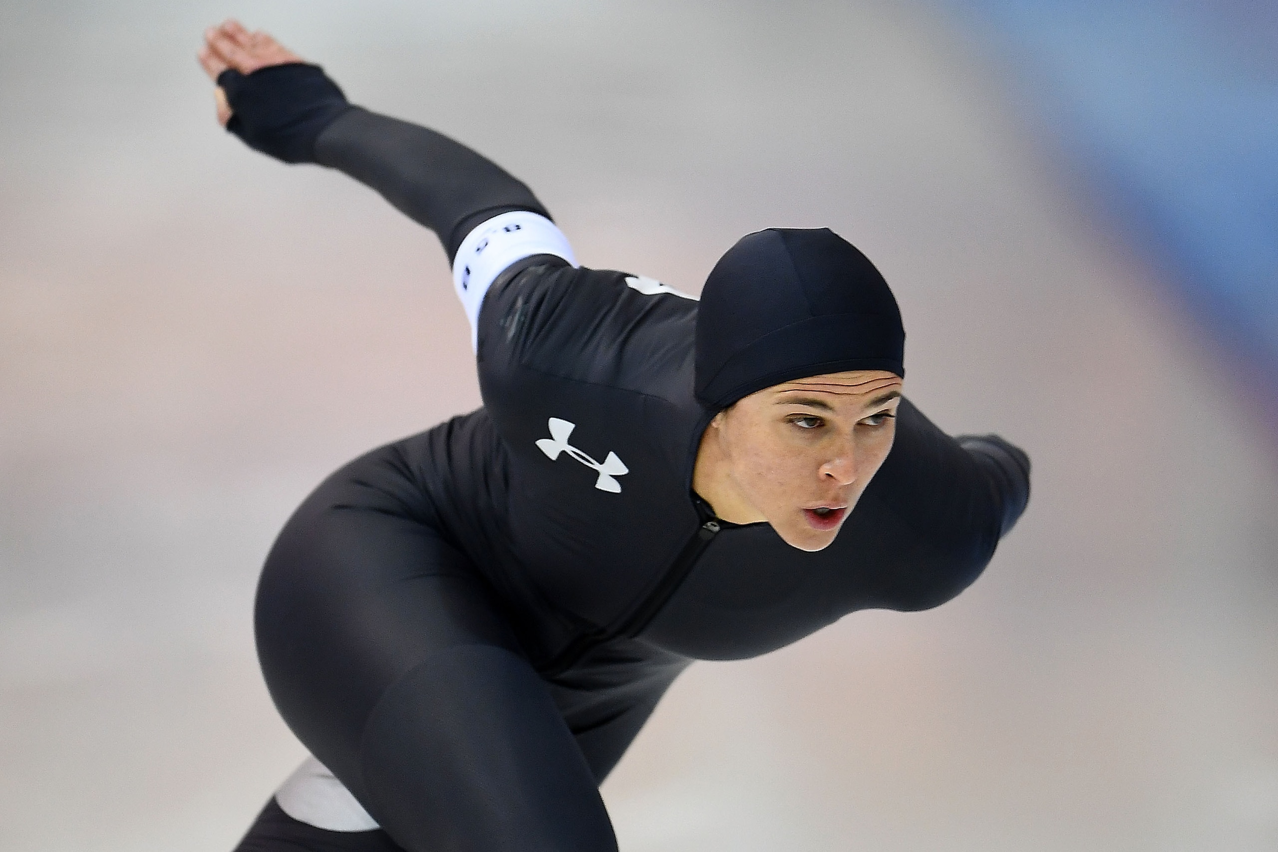 MILWAUKEE, WI - JANUARY 05:  Brittany Bowe competes in the Ladies 500 meter event during the Long Track Speed Skating Olympic Trials at the Pettit National Ice Center on January 5, 2018 in Milwaukee, Wisconsin.  (Photo by Stacy Revere/Getty Images)