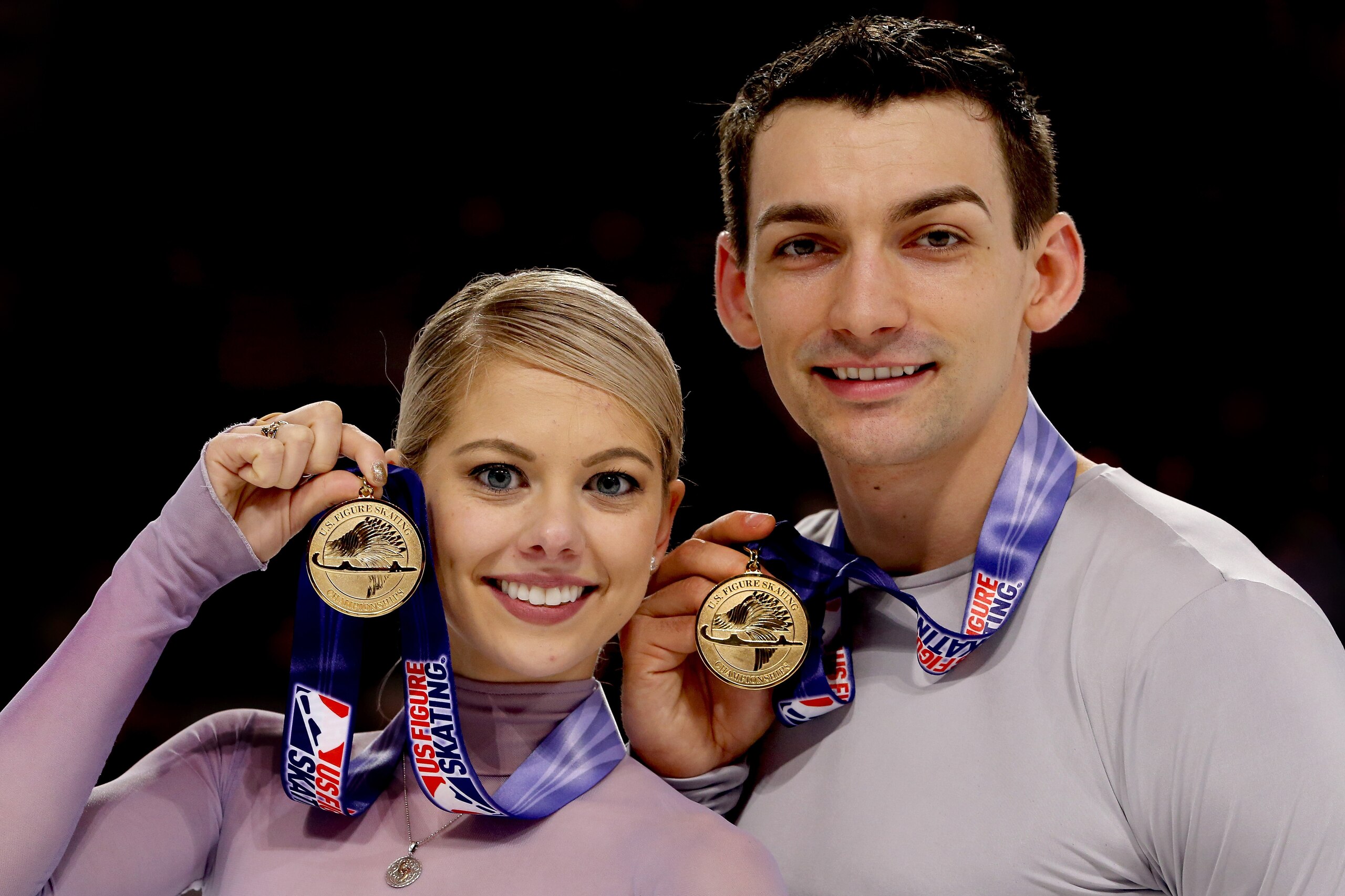 SAN JOSE, CA - JANUARY 06:  Alexa Scimeca-Knierim and Christopher Knierim pose for photographers after the Championship Pairs during the 2018 Prudential U.S. Figure Skating Championships at the SAP Center on January 6, 2018 in San Jose, California.  (Phot