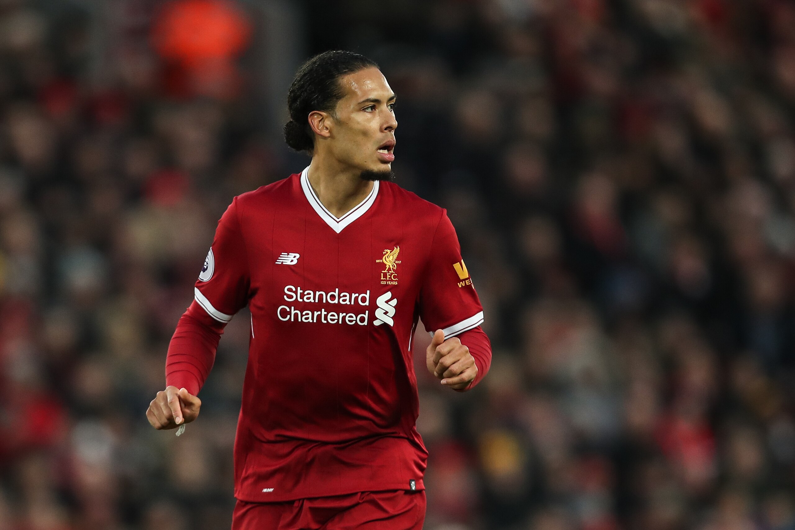 LIVERPOOL, ENGLAND - FEBRUARY 04: Virgil van Dijk of Liverpool during the Premier League match between Liverpool and Tottenham Hotspur at Anfield on February 4, 2018 in Liverpool, England. (Photo by Robbie Jay Barratt - AMA/Getty Images)